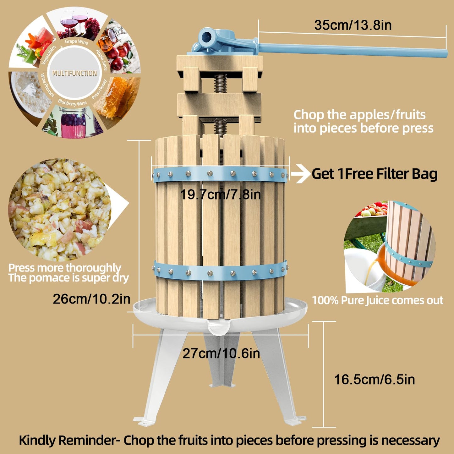 SQUEEZE master Fruit Apple Wine Classic Crusher With Stand-7 Litre/1.8Gallon Manual Grinder- Large Stainless Steel Hopper-Nylon Teeth-Black