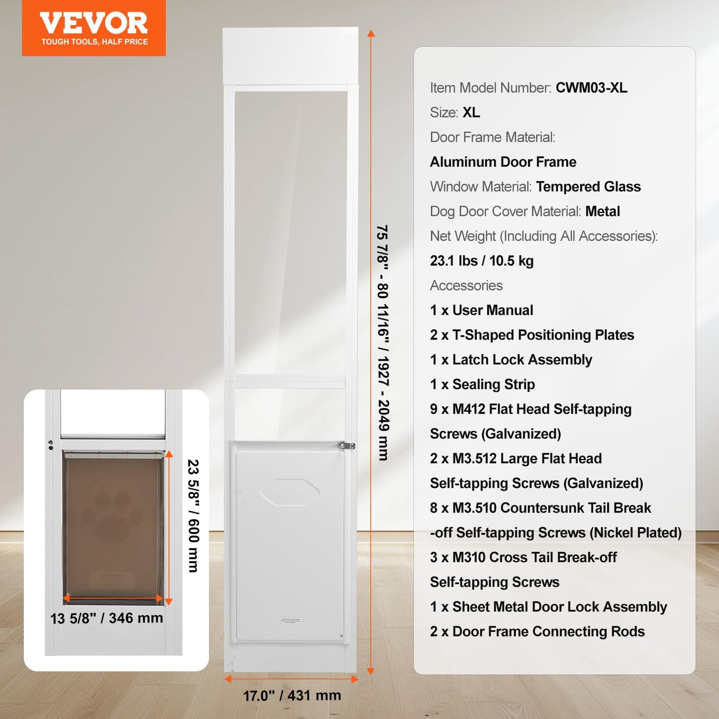 VEVOR Dog Door for Sliding Glass Door, 75 7/8"-80 11/16" Adjustable Height Doggy Door for Sliding Doors, Aluminum Frame Tempered Glass Pet Door with Hinge Structure Flap and Lock (X-Large)