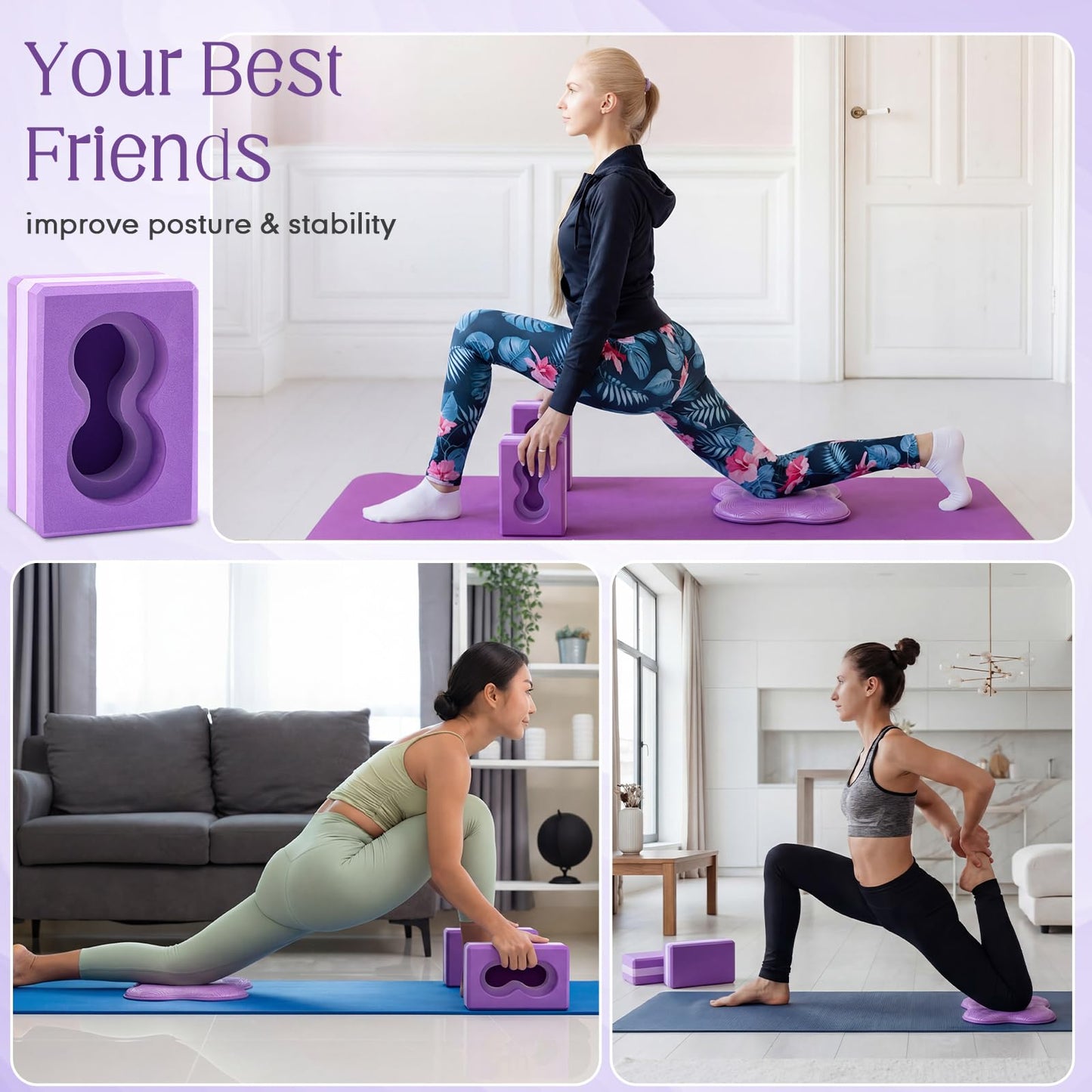 Yoga Blocks 2 Pack for Wrist Relief Yoga Blocks Wrist Support Set with Knee Pads and Strap Improve Comfort and Grip, Nonslip EVA Foam Pilates Exercise Balance Stretching Accessories Meditation(Purple)