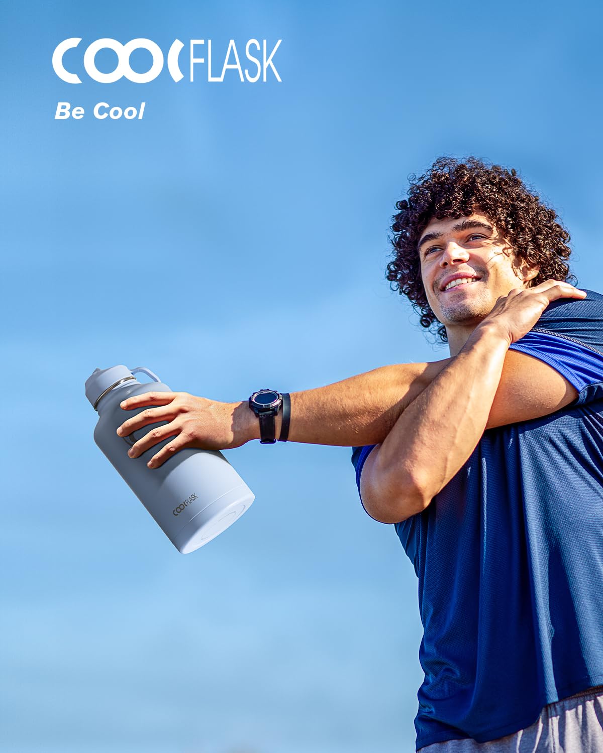 Half Gallon Water Bottle Insulated with Straw & 3 Lids, Coolflask 64 oz Water Jug Large Metal Stainless Steel Wide Mouth for Sports, Gym or Office, Non-BPA Keep Cold 48H Hot 24H, Light Blue