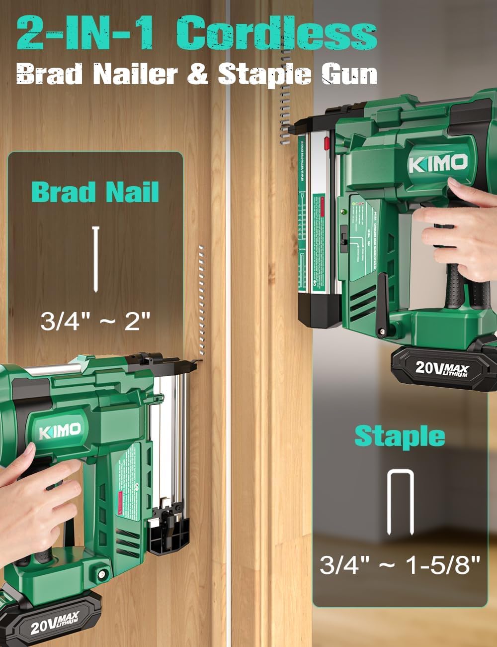 KIMO 2" Brad Nailer Cordless 18 Gauge w/ 20V Battery 2.0Ah X 2, 1000pcs Nails and Staples, 2 Firing Modes,180 Nails/min, Adjustable Nailing Depth, 2 in 1 Cordless Nail Gun and Stapler for DIY Project