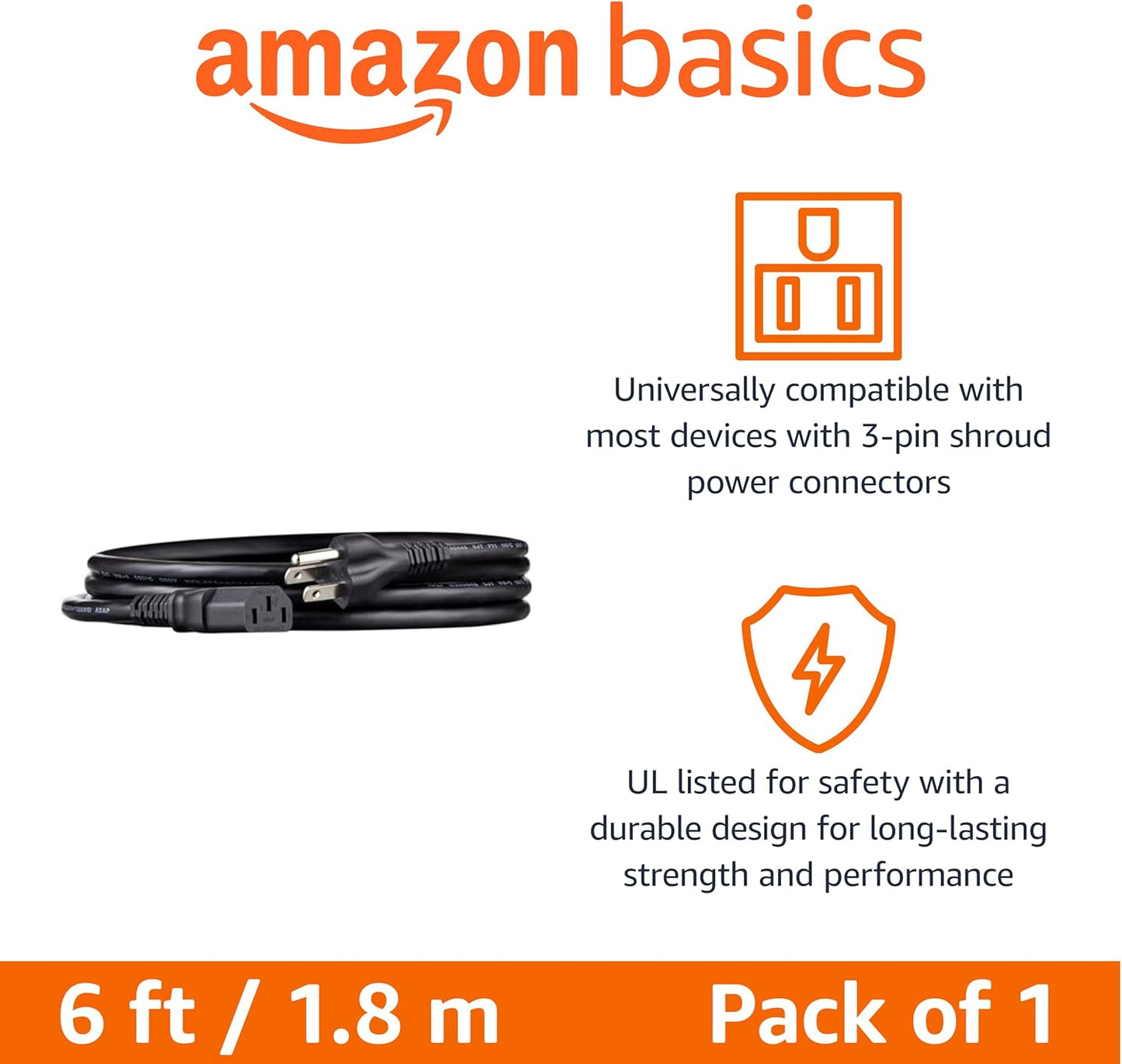 Amazon Basics 6 3 18 125 5-15P IEC320C13, PC Power Cable, feet, AC Power Cord for Monitor, Computer, TV, Prong, AWG