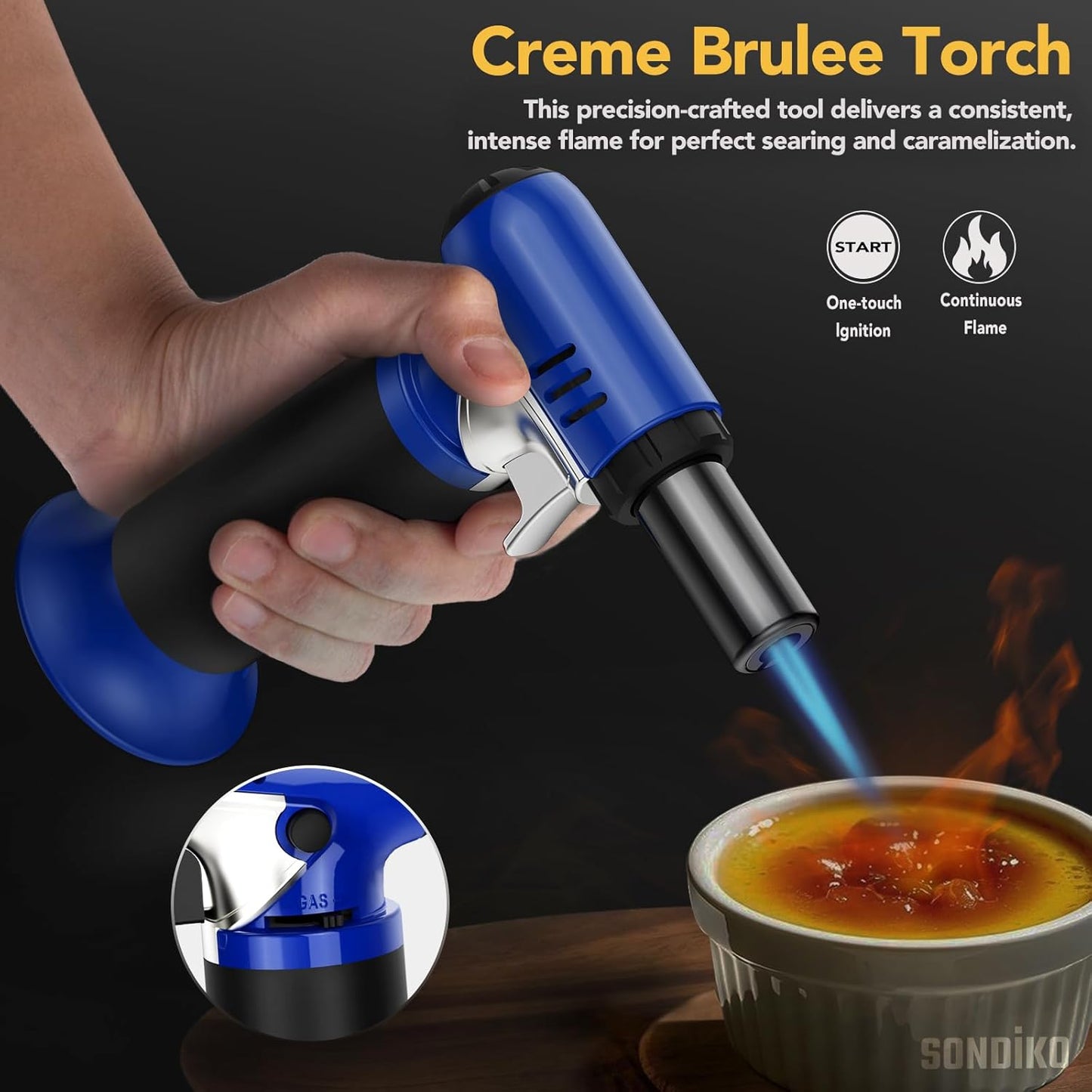 Sondiko Butane Torch - Adjustable Kitchen & Welding Torch for BBQ | Blue & Black Design