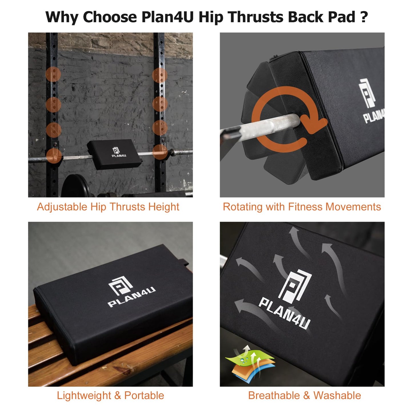 Plan4U Hip Thrust Back Pad for Squat Rack & Olympic Barbell Bar, Bench Press Back Pad, Versatile Space-Saving Workout Tilt-pad for Hip Thrust, Split Squat, Elevated Push-ups Glute Bridge Small