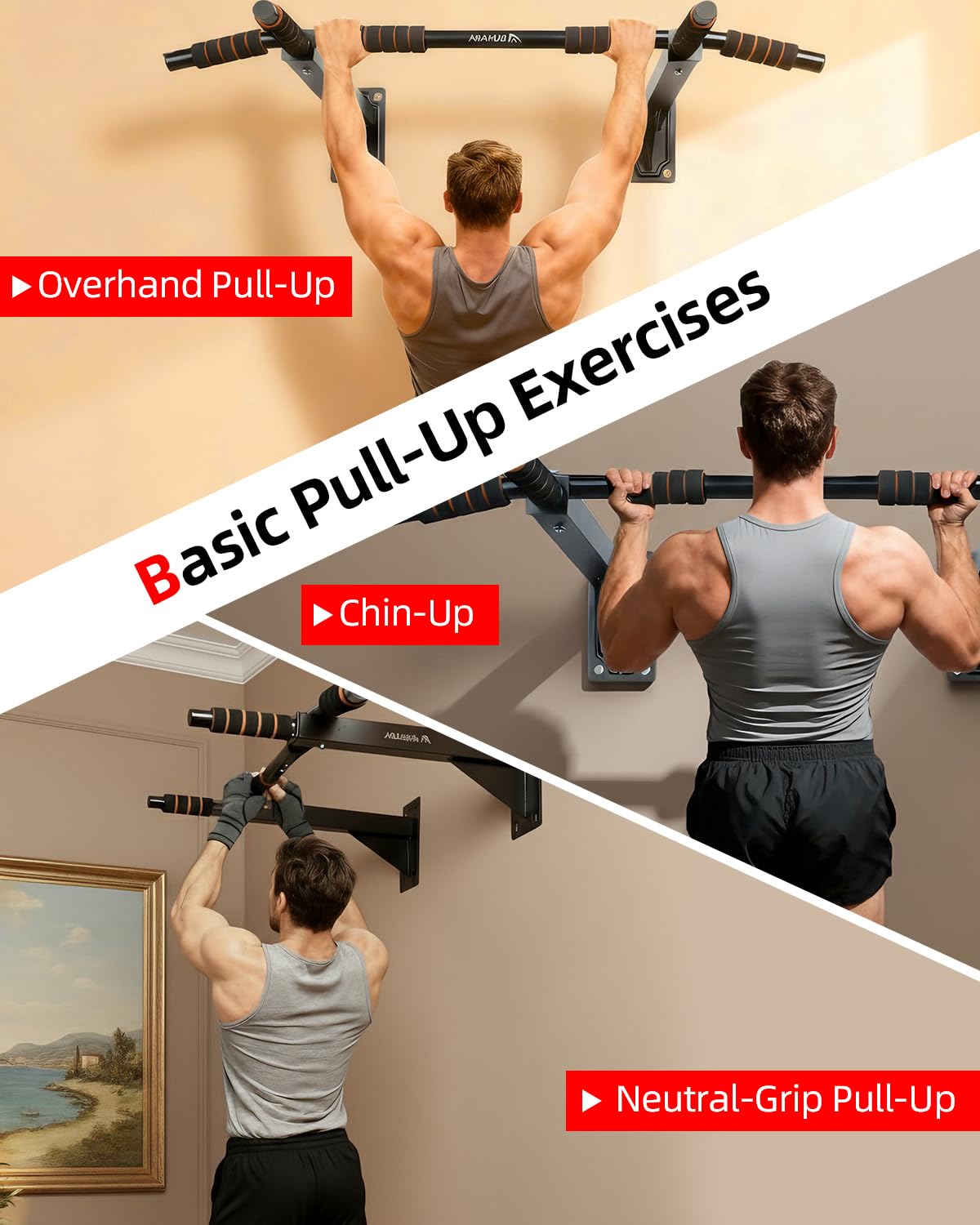 Abahub Wall Mounted Pull Up Bar, Multi-Grip Chin-Up Bar for Home Gym Workout, Drill-installed, Heavy-Duty & Stable Training Bar with 440lbs Capacity, Black-Orange