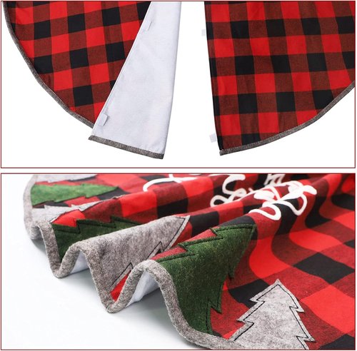 Juegoal 32-Inch Christmas Tree Skirt - Soft Red and Black Plaid Mat for Festive Holiday Decor