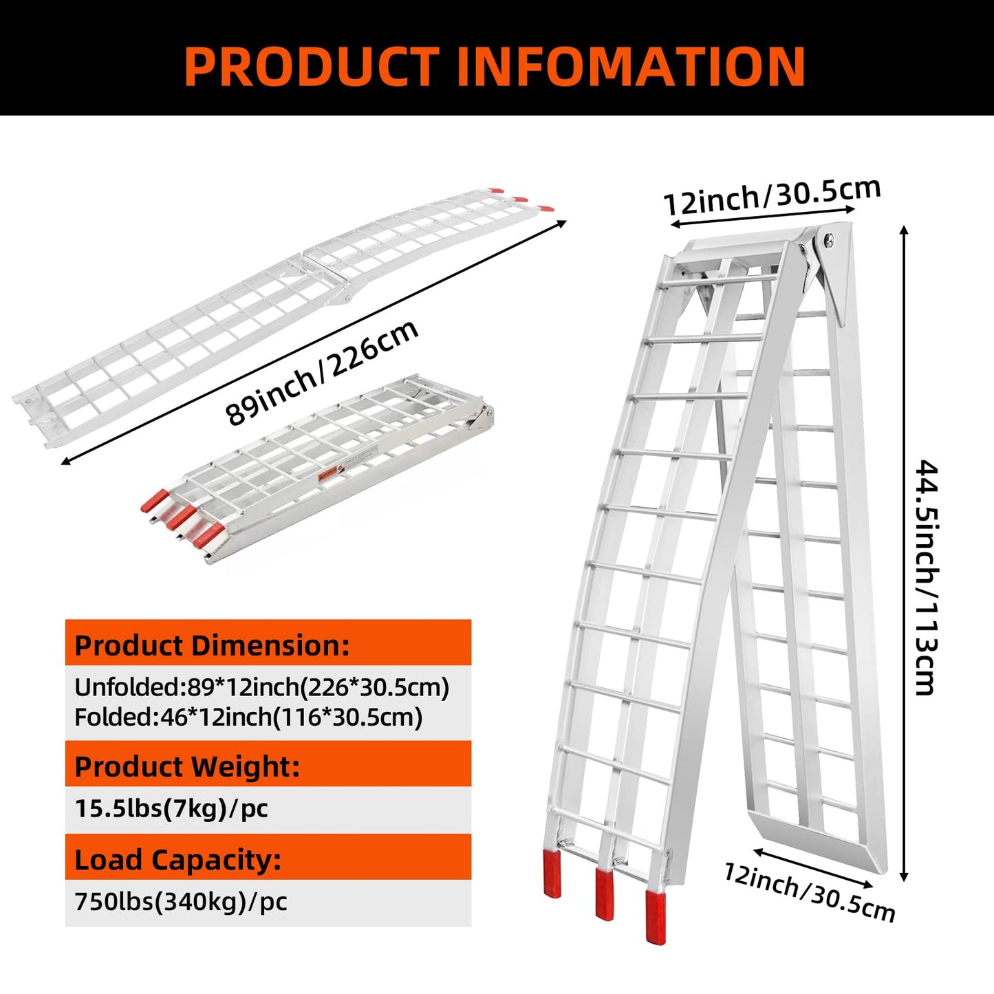 Loezora Heavy Duty 1500lbs Folding Motorcycle Ramp for Pickup Trucks & Trailers, 89"x13" Loading Ramp with Secure Load Straps, Compatible with Dirt Bike, UTV, ATV, Lawn Mower, Snowblower (2-Packs)