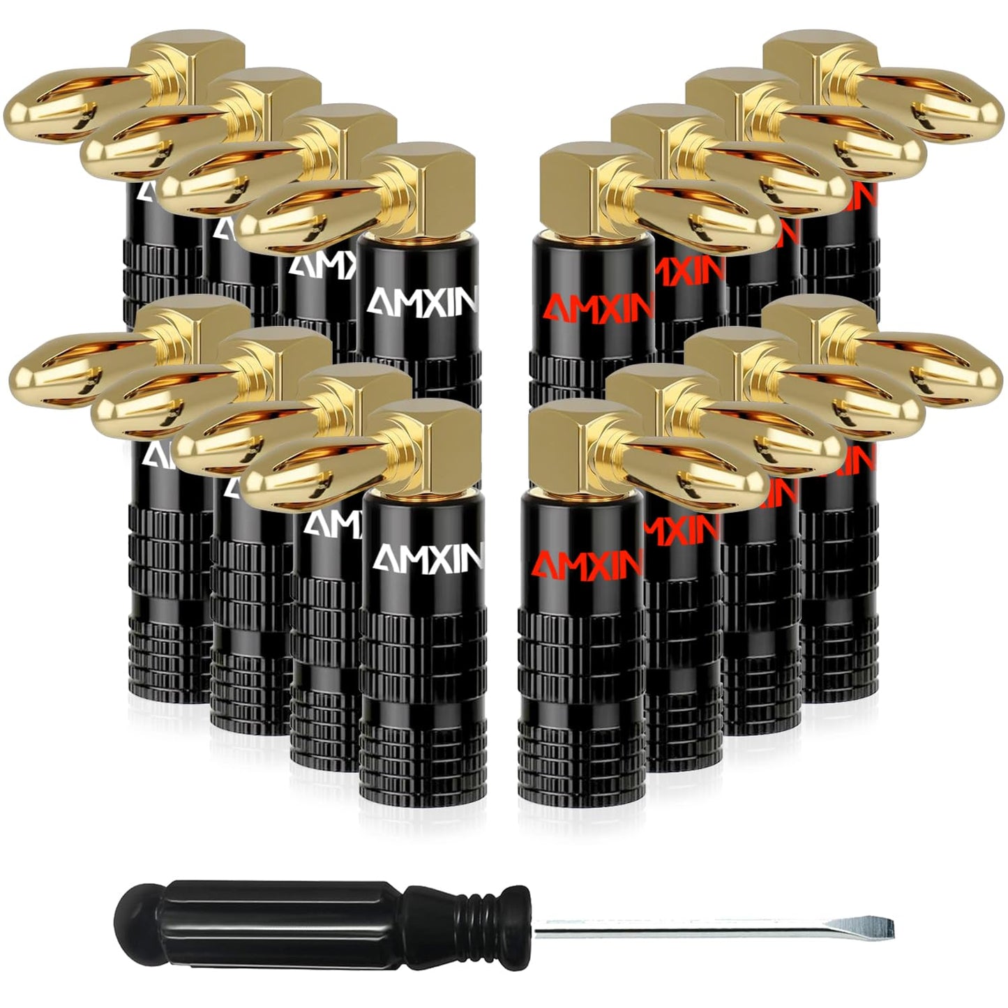 Amxinwang (8 16 24K Right Angle Banana Plugs Pairs, Pieces), Closed Screw Gold Plated Speaker Connectors for Speaker
