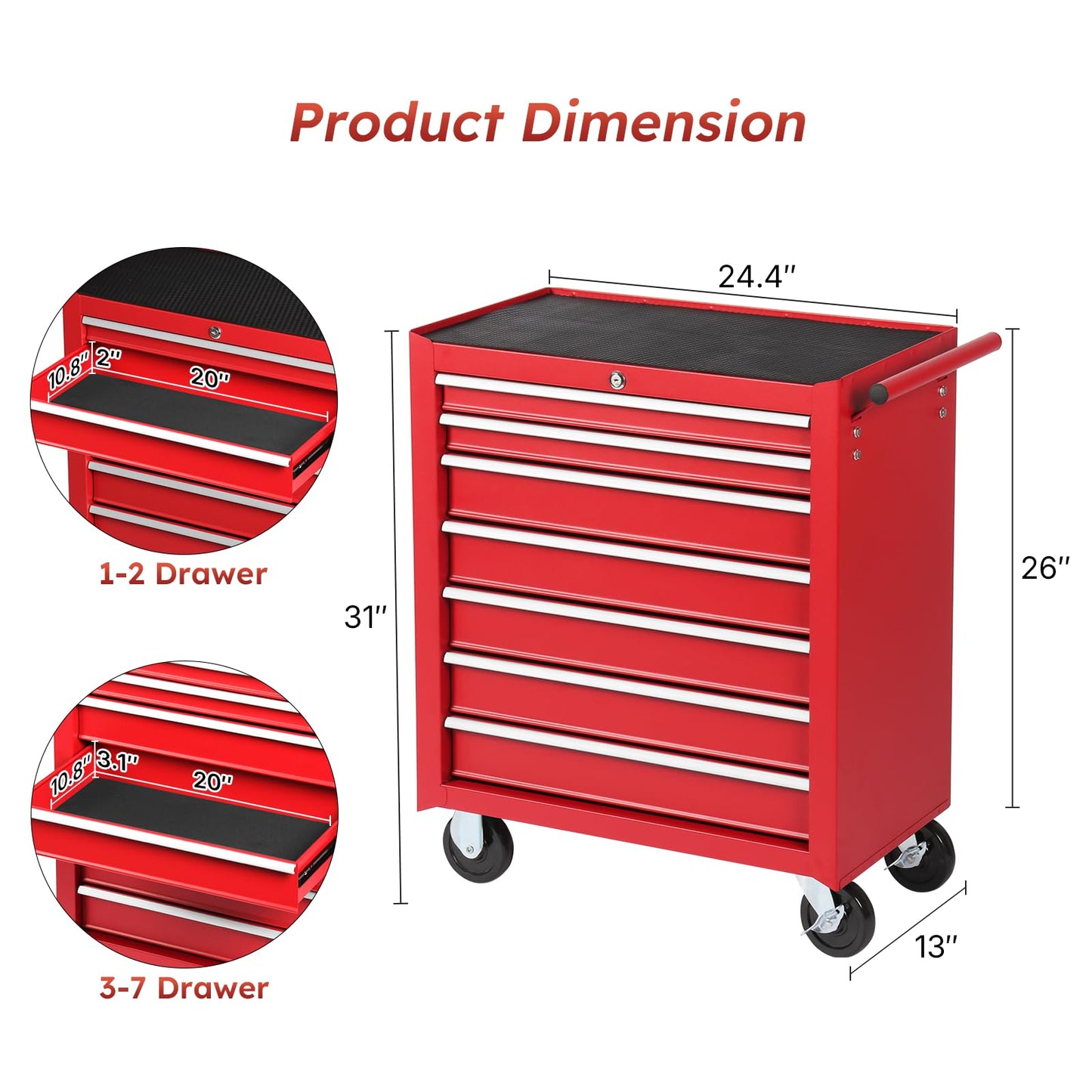 Rovibek 7-Drawer Rolling Tool Chest with Wheels, Lockable Metal Tool Box for Garage Workshop Warehouse, Large Capacity Tool Storage Cabinet, Heavy-Duty Tool Chest with Drawers, Red