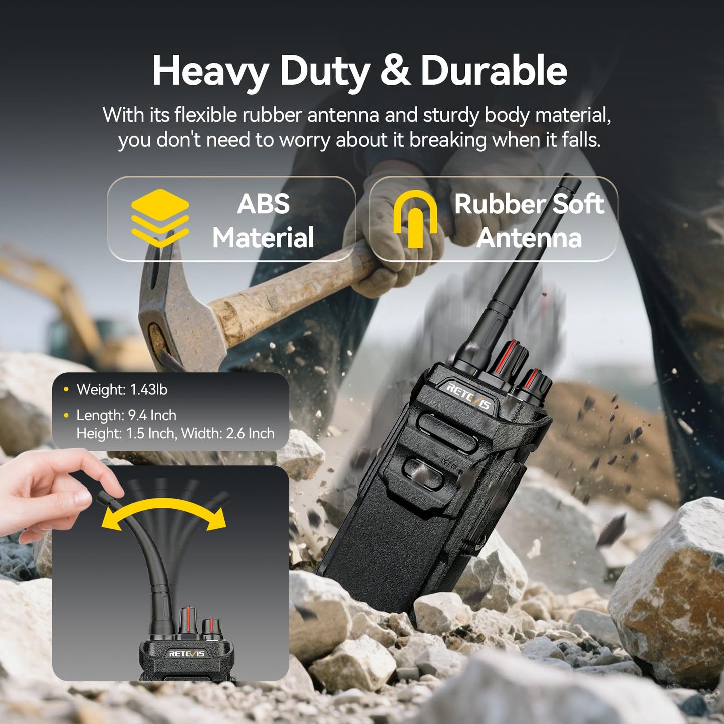 Retevis RT48 IP67 Waterproof Walkie Talkies for Adults,Heavy Duty,Professional Two Way Radio Rechargeable,1200mAh,VOX,Emergency Alarm,Rugged 2 Way Radios for Work Construction Jobsite School(10 Pack)
