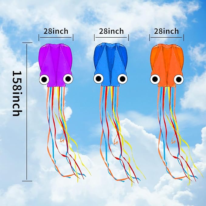 Octopus Kites for Kids & Adults Easy to Fly, 24”x 158” Large Soft Kite Kit for Boys and Girls, Single Line 3D Beach Kite Set for Teens,Perfect for Outdoor Activities