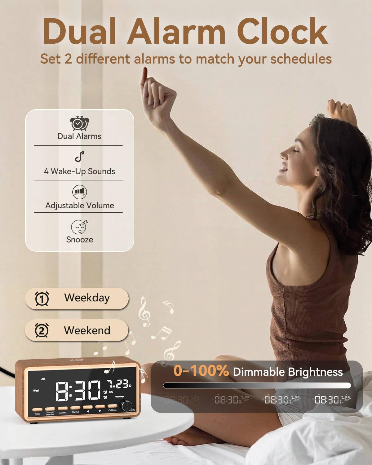 Charging,Dimmable Digital Alarm Clocks Radio for Bedrooms,FM Radio & White Noise Sound Machine with Timer,Bluetooth
