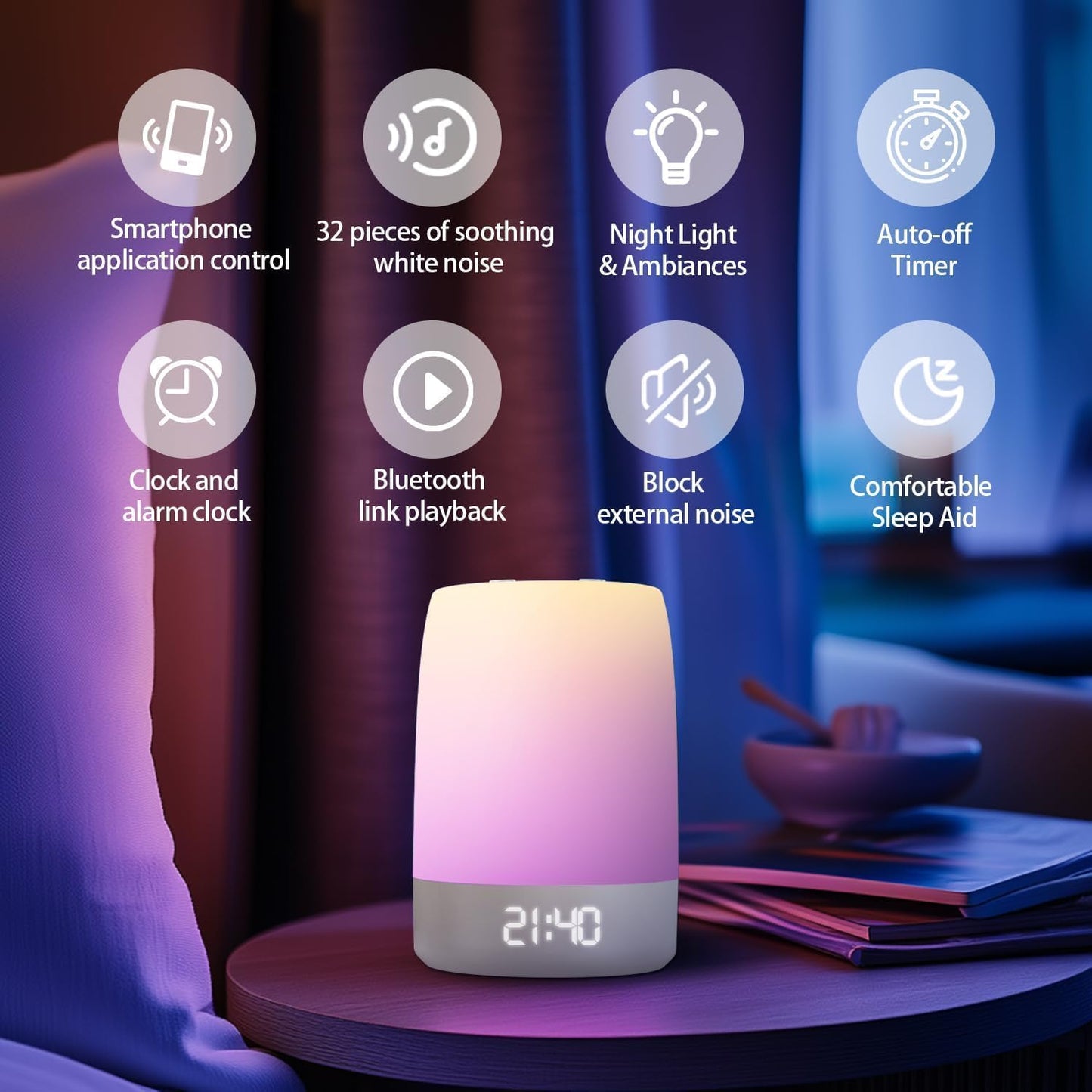Teen Sound Machine - Bluetooth White Noise Machine with 32 Soothing Sounds & Wake-Up Light