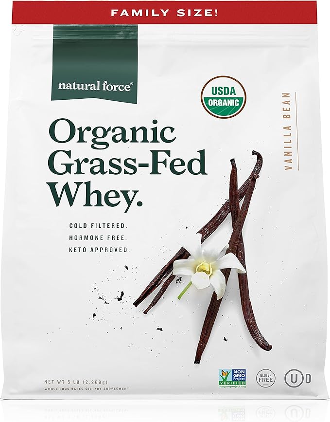 Natural Force Grass Fed Organic Whey Protein Powder ??Non GMO Verified, Humane Certified & Lab Tested for Toxins ??Real Vanilla Flavor ??Keto Friendly, Low Carb, and Kosher ??5 Pound A2 Protein