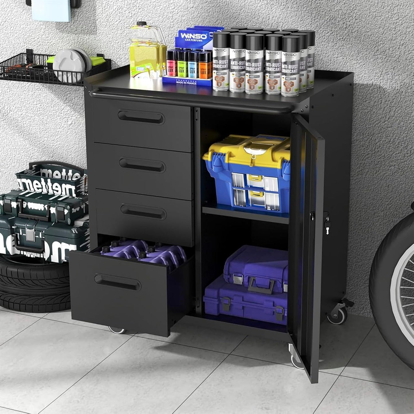 EKJ Garage Storage Cabinet System 6pcs Heavy Duty Workshop Set Wall Cabinet Lockable Rolling Tool Cabinets with Adjustable Shelves Metal Garage Storage Cabinets
