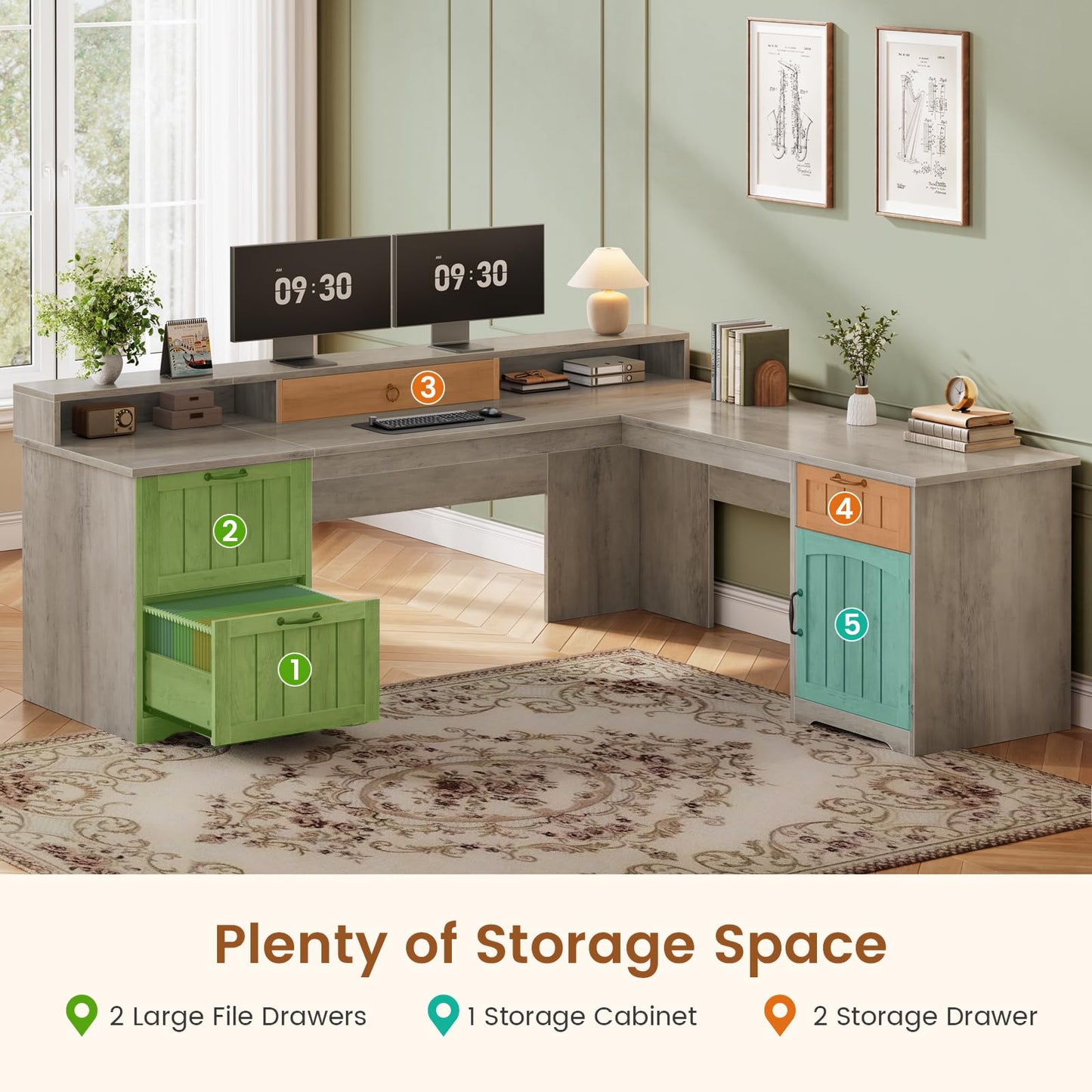 SEDETA 63" L Shaped Desk with Drawers, Farmhouse Corner Computer Desk, Wood Office Desk with File Drawers with Storage, Executive Desk with Monitor Stand and Storage Cabinet, Grey