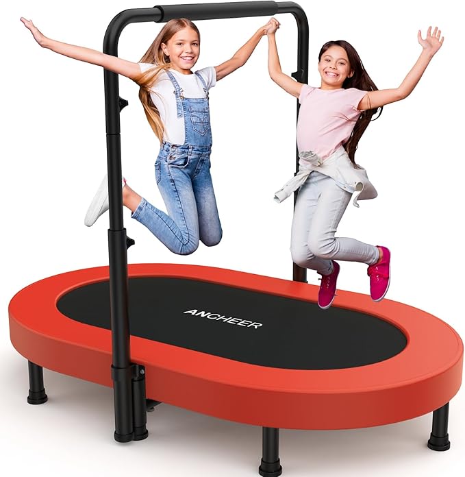 ANCHEER 56'' Foldable Mini Trampoline with Adjustable Handle - Indoor/Outdoor Rebounder for Kids & Toddlers Safe Oval Fitness Trampoline with Bar for Home Fun
