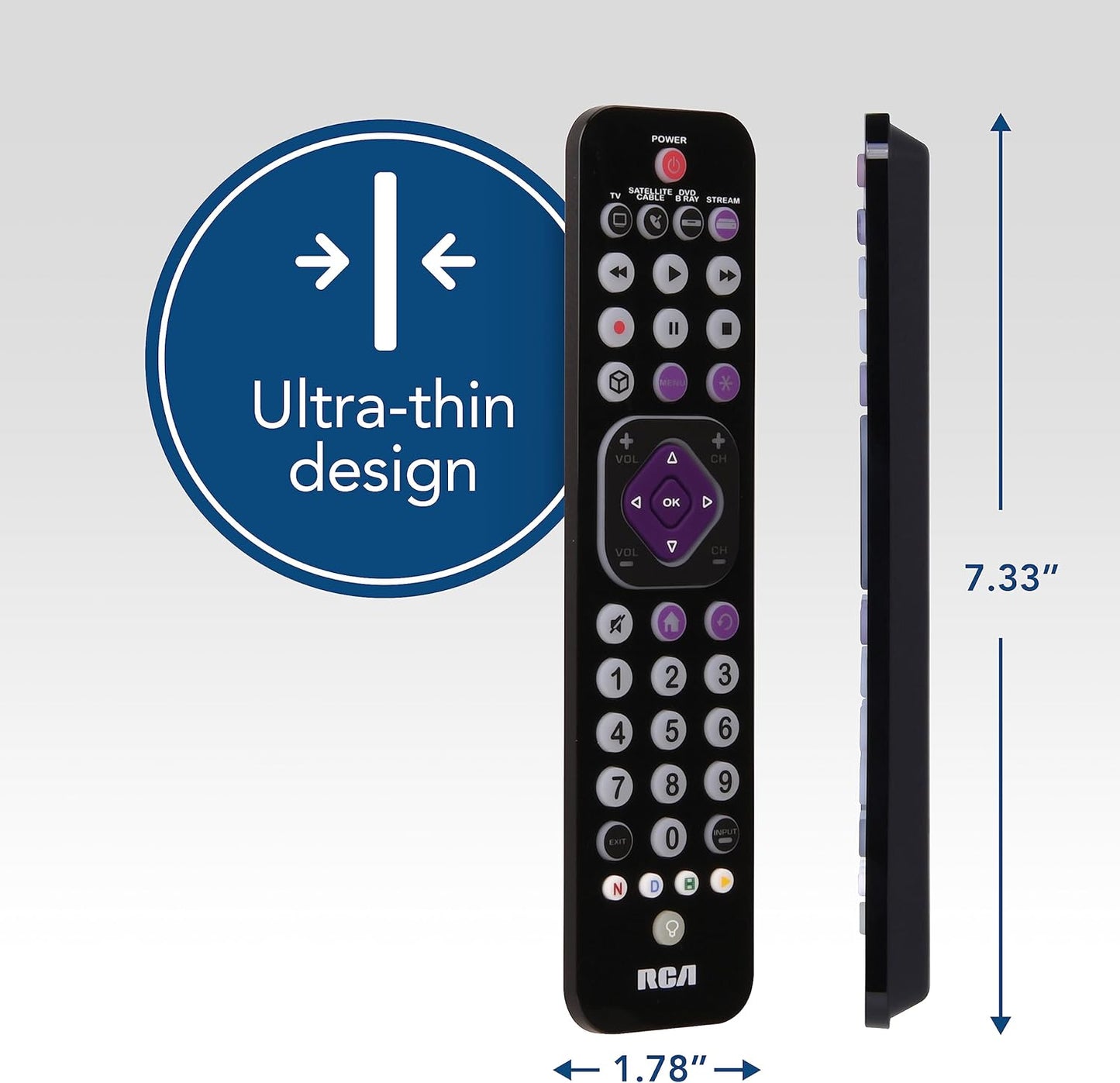 RCA 4-Device Universal Rechargeable Streaming Remote Control for TV, Audio, Soundbar, Streaming Devices, Ultra-Slim