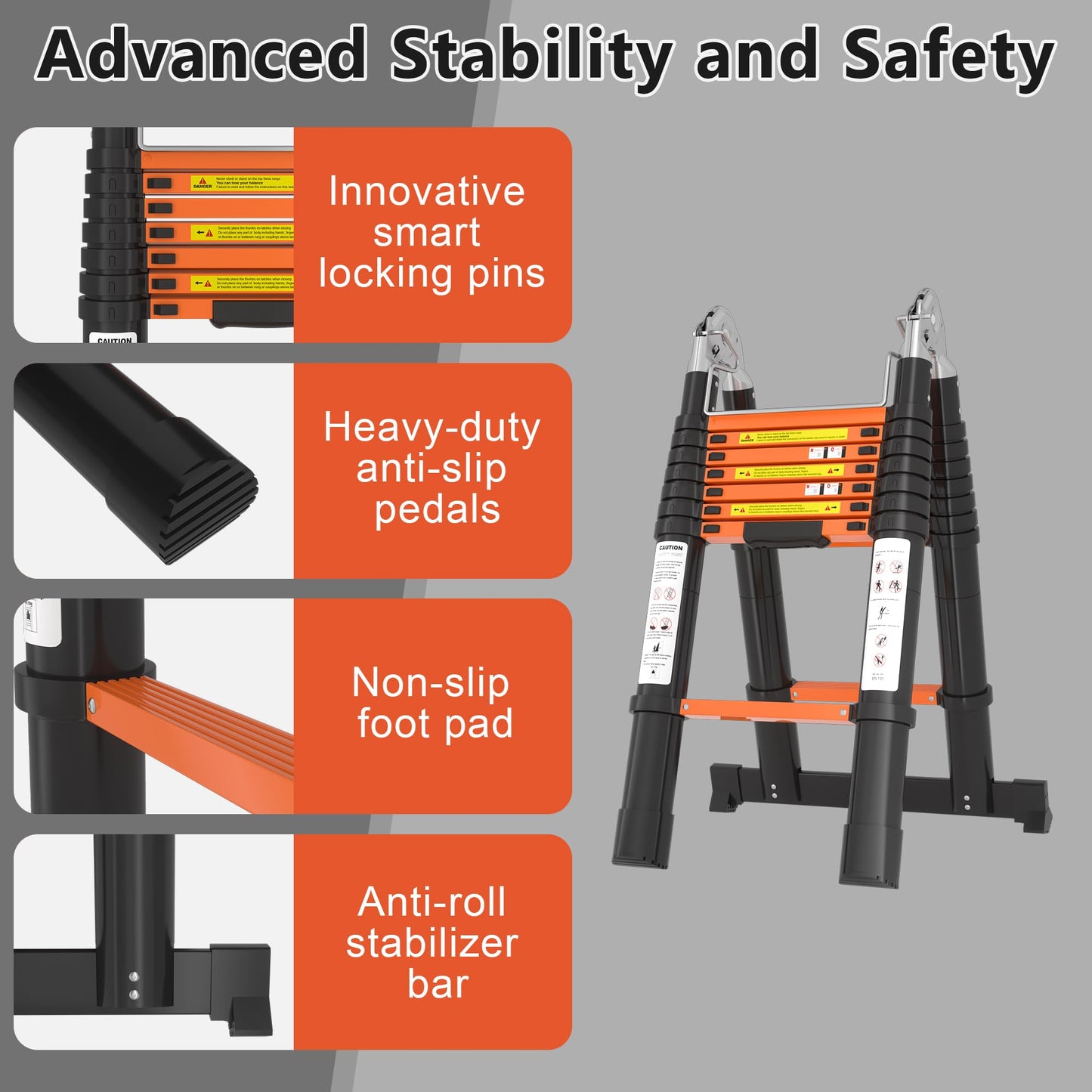 16.5FT A-Frame Aluminum Telescopic Extension Ladder, 330lbs Capacity Adjustable Retractable Extendable Compact Telescope Ladder with Non-Slip Feet for House Roof Travel Trailers RV
