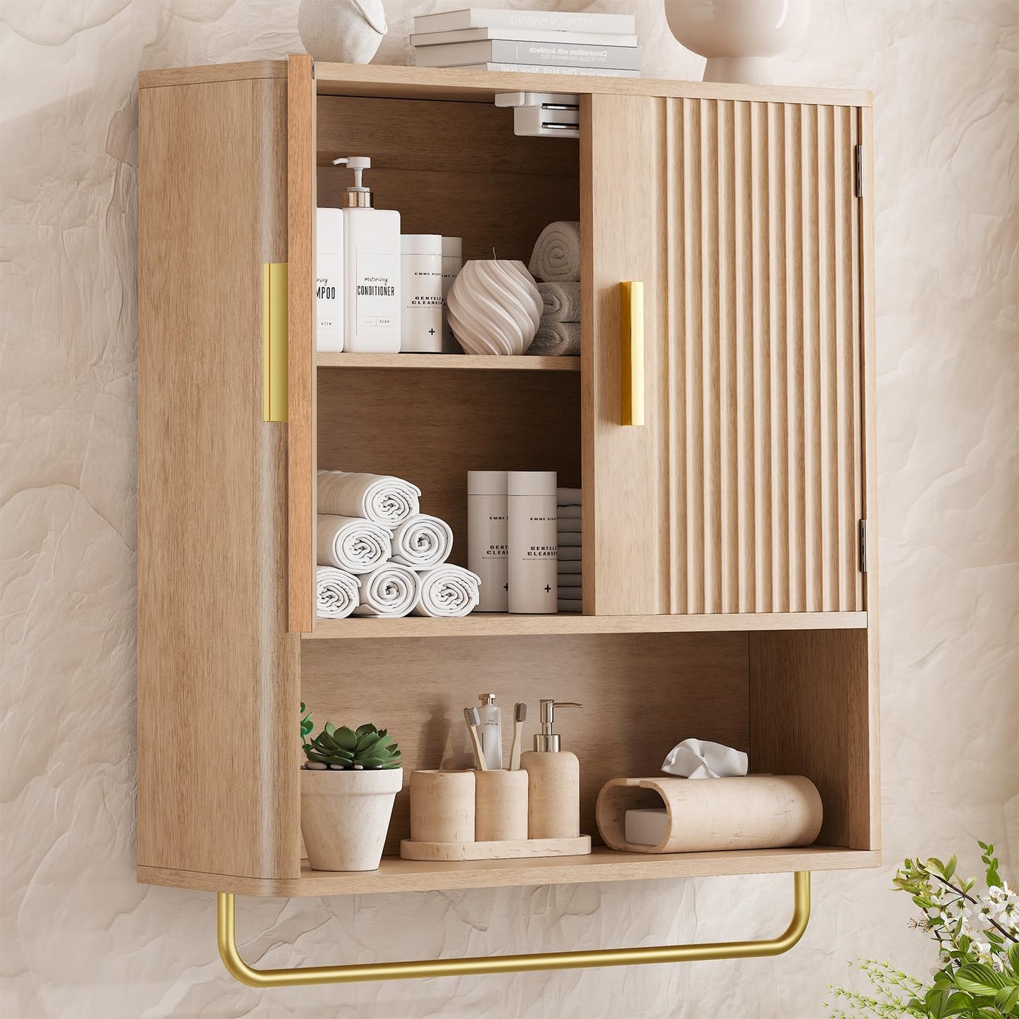 Memobarco Bathroom Wall Cabinet, Medicine Cabinet with Fluted Door & Adjustable Shelf, Over the Toilet Storage Cabinet with Towel Bar, Cabinet Wall Mount for Laundry Room & Kitchen, Wood