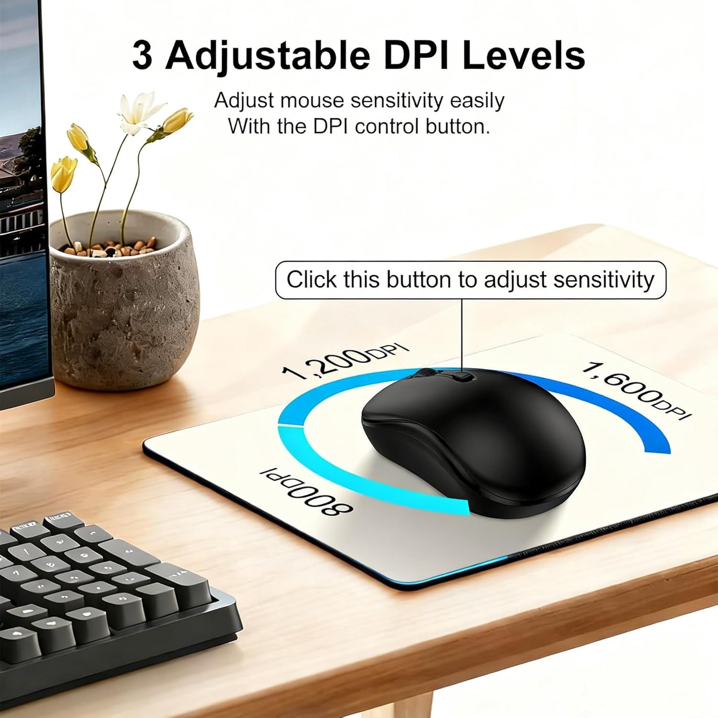 Radidi 2.4GHz 12-Month 3 800/ 1200/ 1600, Wireless Mouse for Laptop, Computer Mouse for Work, Battery Life, Adjustable