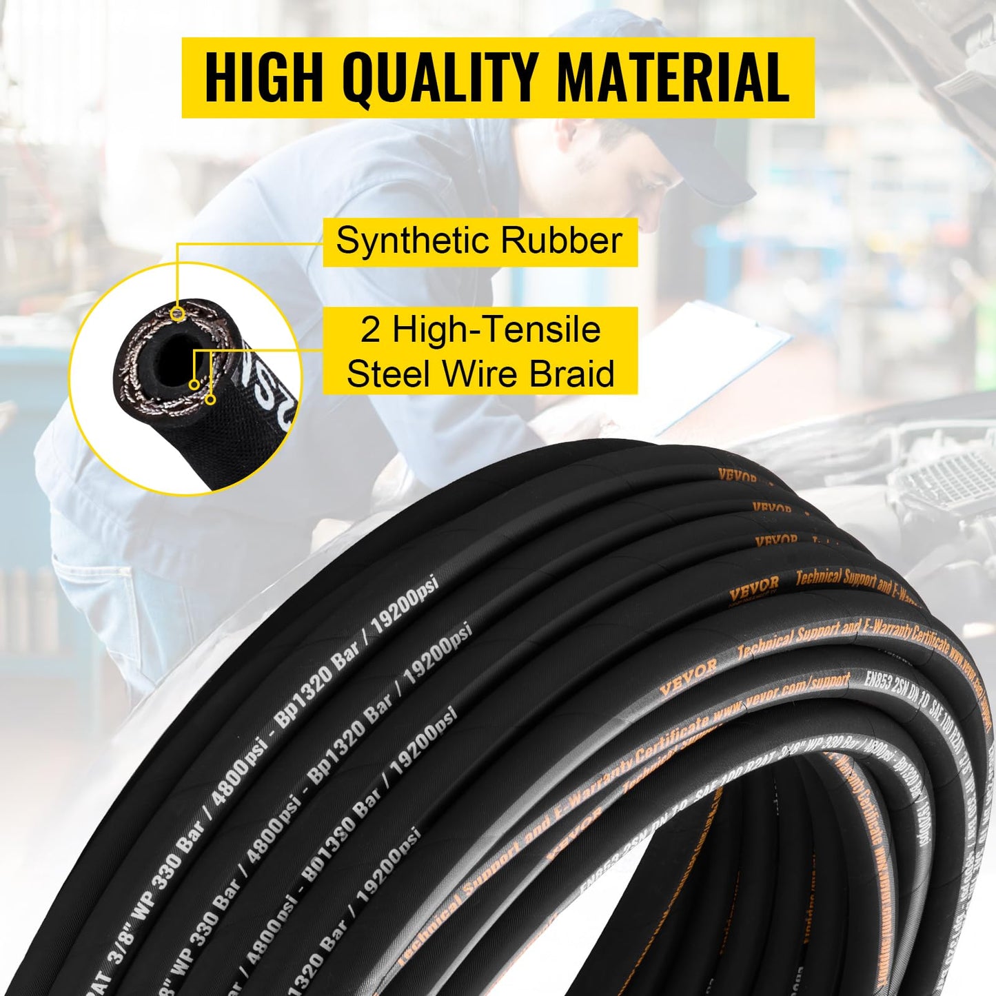 Hydraulic Hose 3/8 Inch x 100 Ft, 4800 PSI Coiled With 2 High-Tensile Steel Wire Braid, Bulk Rubber Flexible Oil Hose -20C to 140C