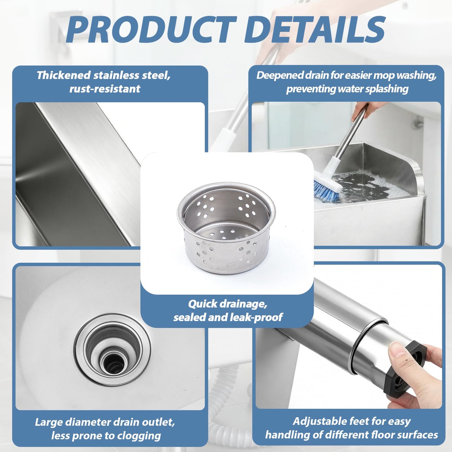 Sawysine Mop Sink with Drainage 304 Stainless Steel Commercial Floor Mop Sink Service Basin Vertical Sewage Tank for Laundry Room Restaurant Garage Balcony Industries,17.7"x16.1"x21.2"