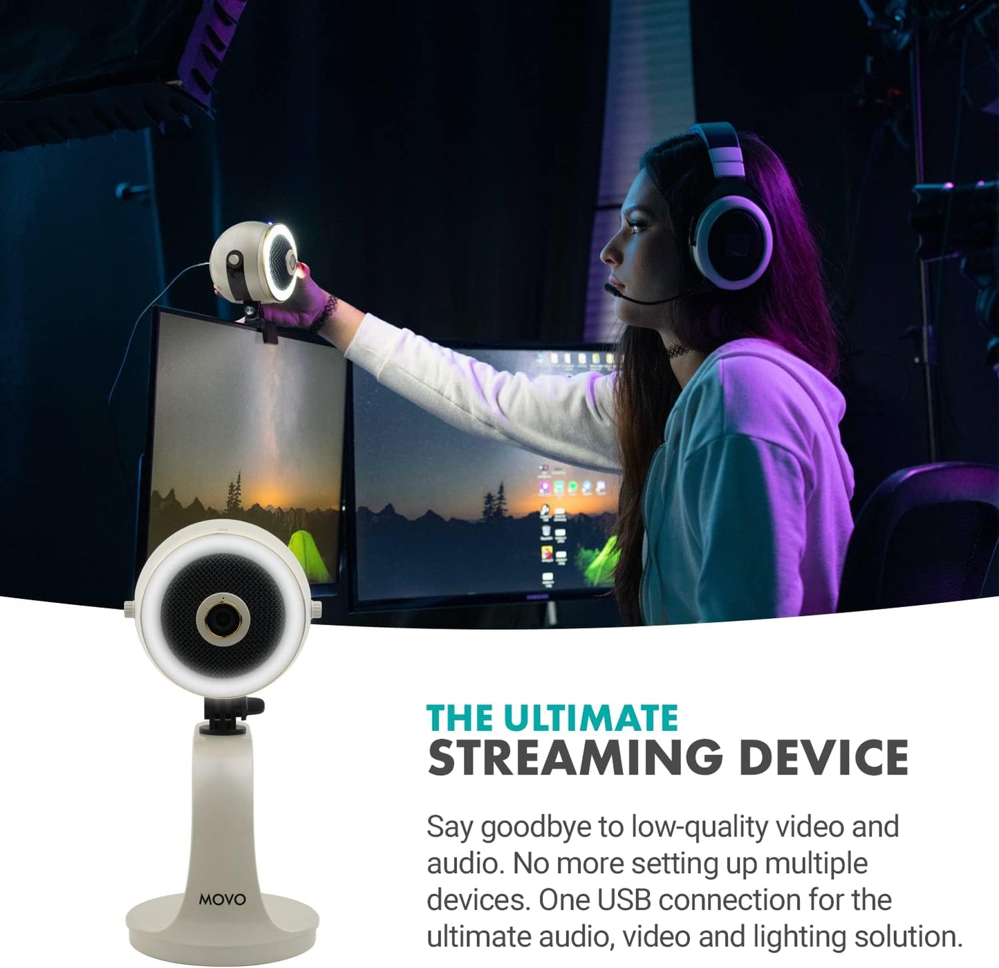 Movo 1080p WebMic HD Pro All-in-One Webcam with Mic and Ring Light in Pearl White- HD Camera, Pro Cardioid Condenser