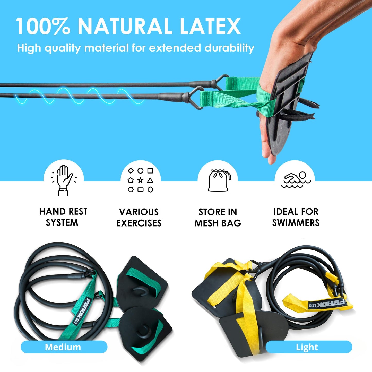 Ferok Pro - Swimming Resistance Band with Hand Paddles, Stretch Cord, Fitness Bands for Swimming, Training Equipment, Arm Strength Exercise, Powercord - Including Exercises - Medium Green
