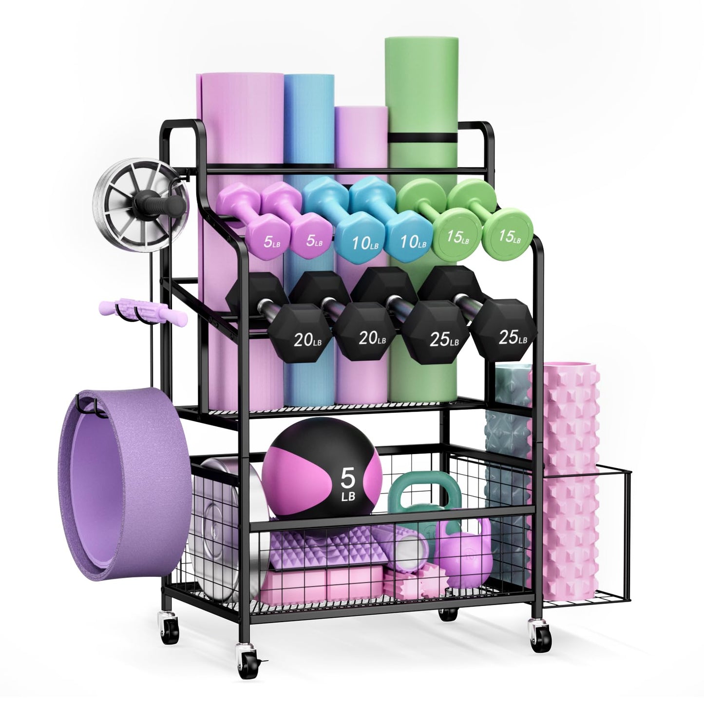 HavenlyYouth Dumbbell Rack Holds Yoga mat, Weight Rack Storage for Home Gym, Workout Equipment Organizer for Kettlebells and Foam Roller With Hooks and Wheels