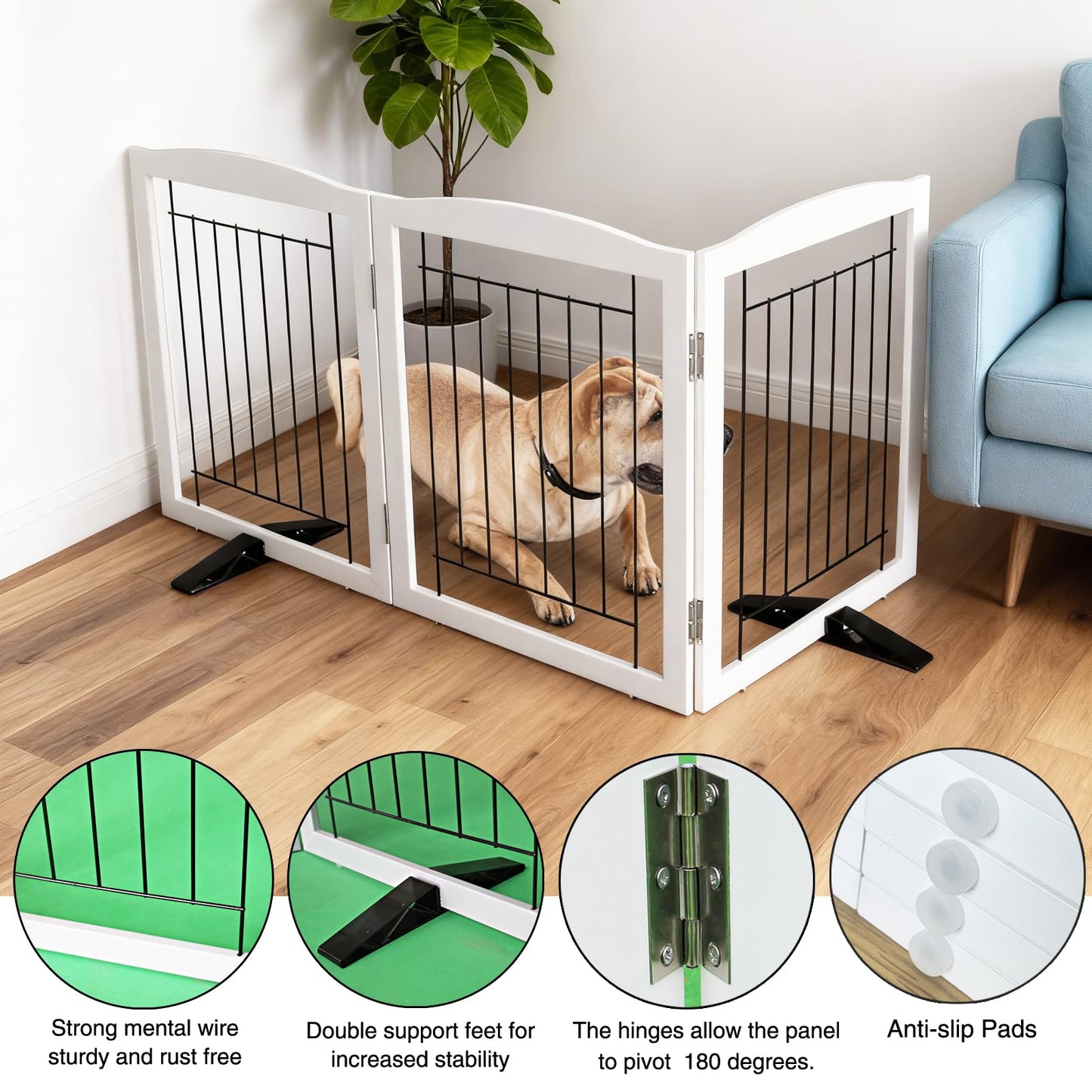 ZJSF Freestanding Dog Fence Indoor, Foldable Dog Gate for Doorways, Stairs or Hallways, Sturdy Wood Extra Wide Pet Gate with Support Feet for The House, White, 24 "Height-3 Panels