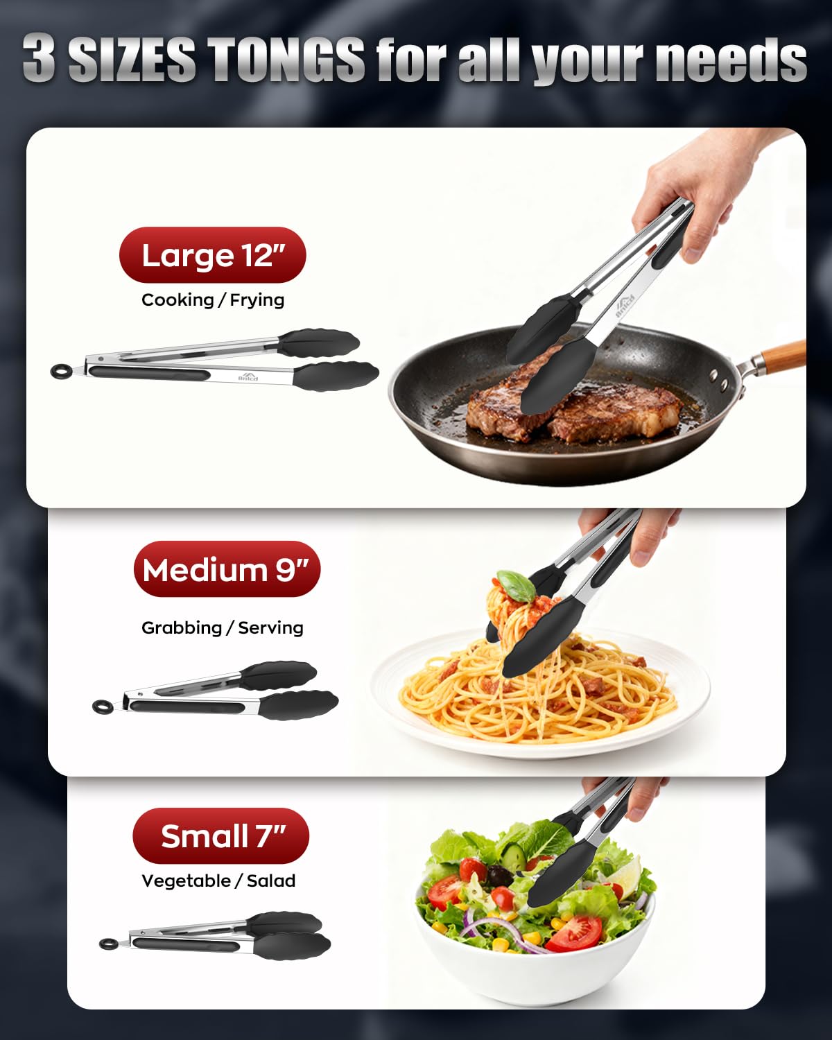 Bnlcd Good Grip Cooking Tongs with Silicone Tips, Set of 3-7" 9" and 12"