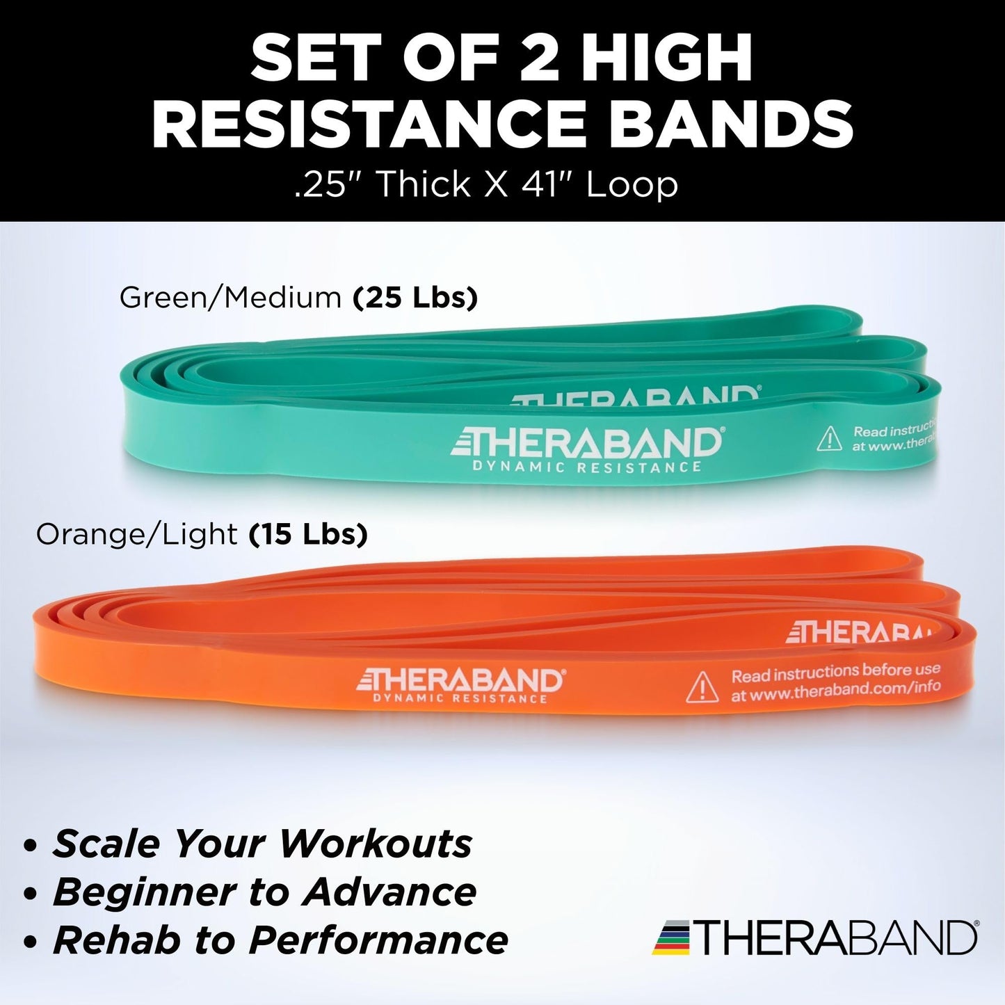 THERABAND High Resistance Band Set of 2, Light and Medium Elastic Super Bands for Full Body Workouts, Physical Therapy, Strength Training, Durable 41” Loop Exercise Bands, 15-25 lbs Resistance