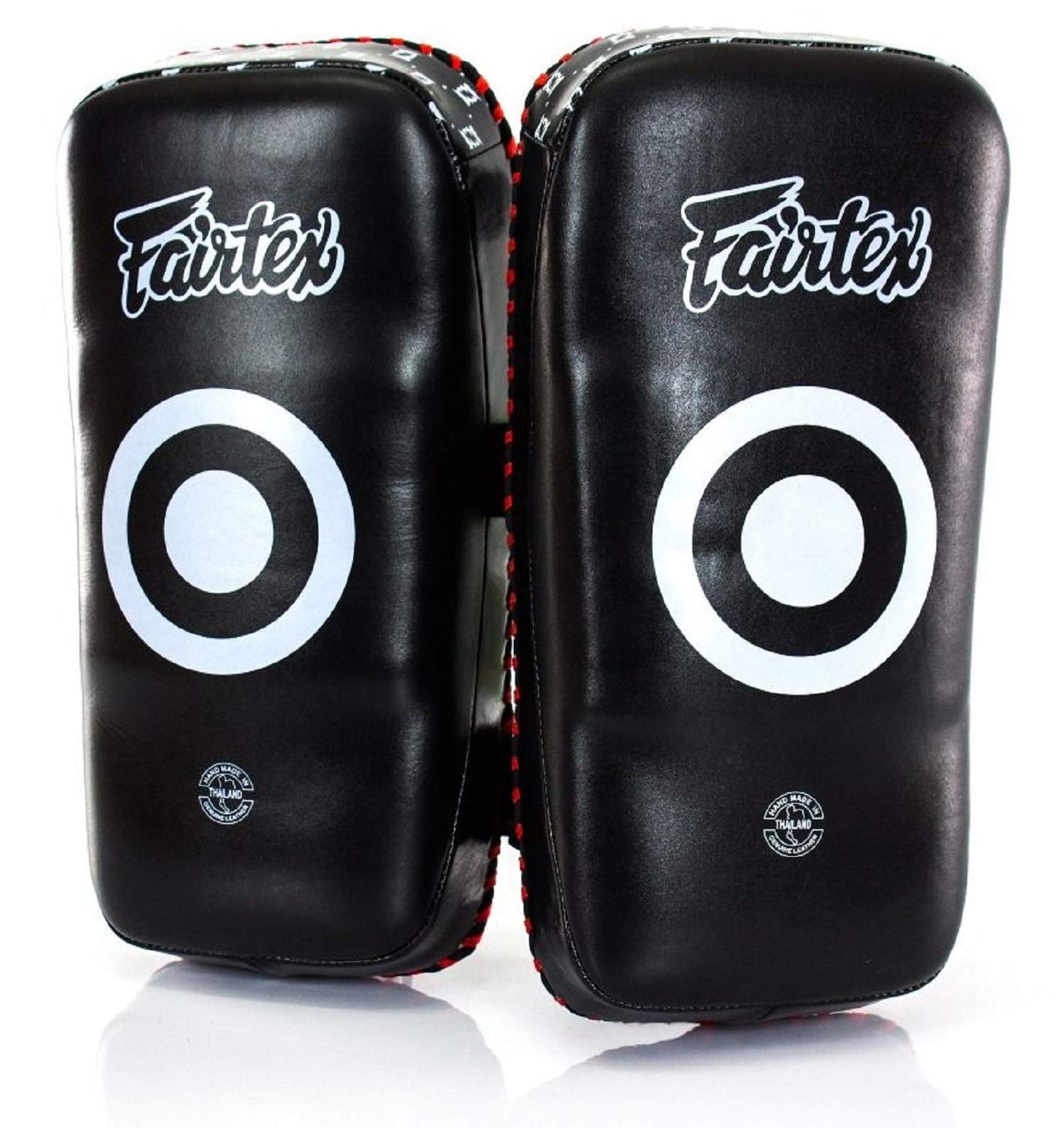 Fairtex KPLS2 Muay Thai Kick Pads Superior All Genuine Leather | Professional Training Pads for Boxing, MMA, and More | Cow Hide Leather, Curved Design, Hook & Loop Closure, Padded Straps (Black/Red)