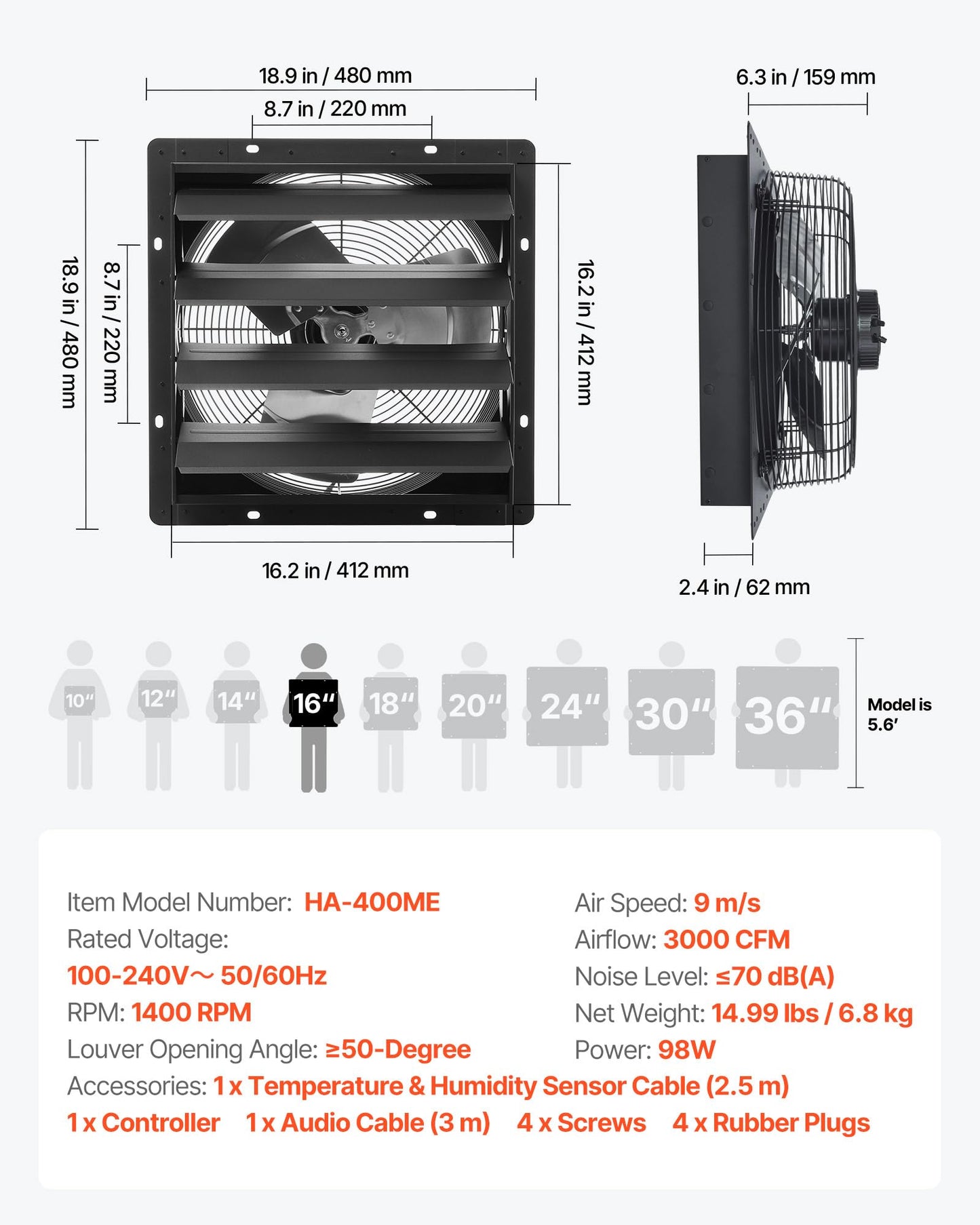 VEVOR 16 inch Exhaust Fan, Wall Mounted Attic Fan with Variable Speed, Temperature & Humidity Controller, 3000 CFM, Automatic Shutter