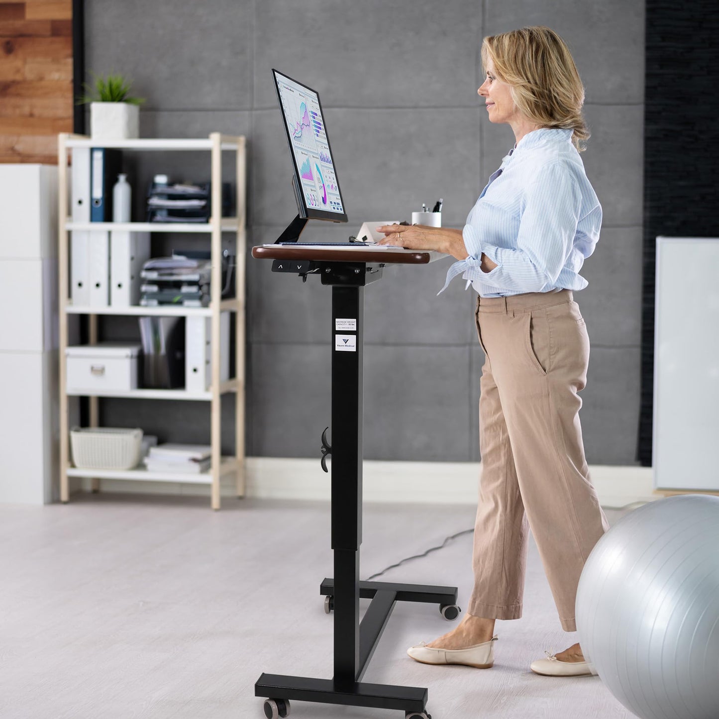 Vaunn Medical Electric Overbed Table Bedside Height Adjustable Table with Wheels (Electric-Powered, Hospital and Home Use) - Brown (Side Control Panel)