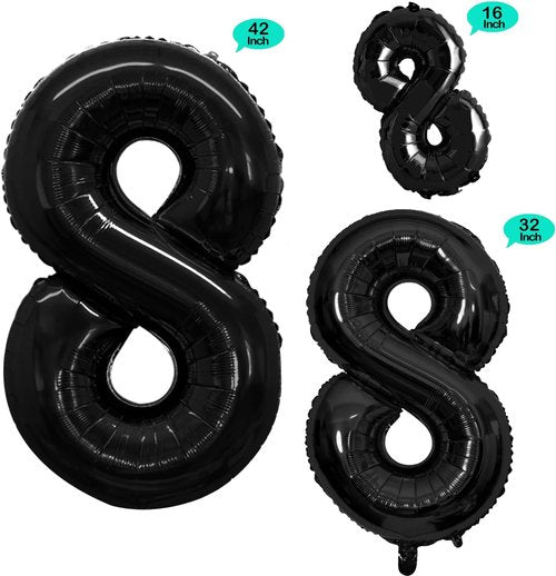 GOER Black Foil Number 8 Balloons - Huge 42" & 32" Birthday Party Decorations (3 Pcs)