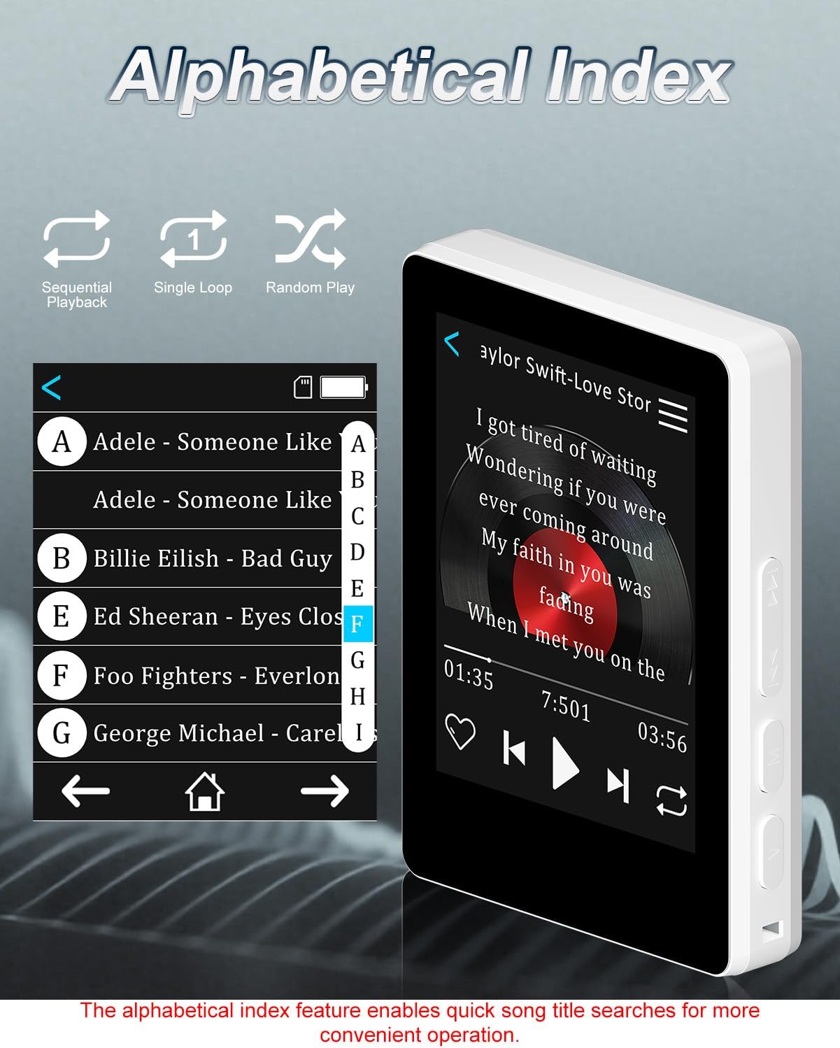 VANSING 32GB MP3 5.2 512GB Player with Bluetooth and Smart Index Search, Portable Bluetooth Music Player with Built