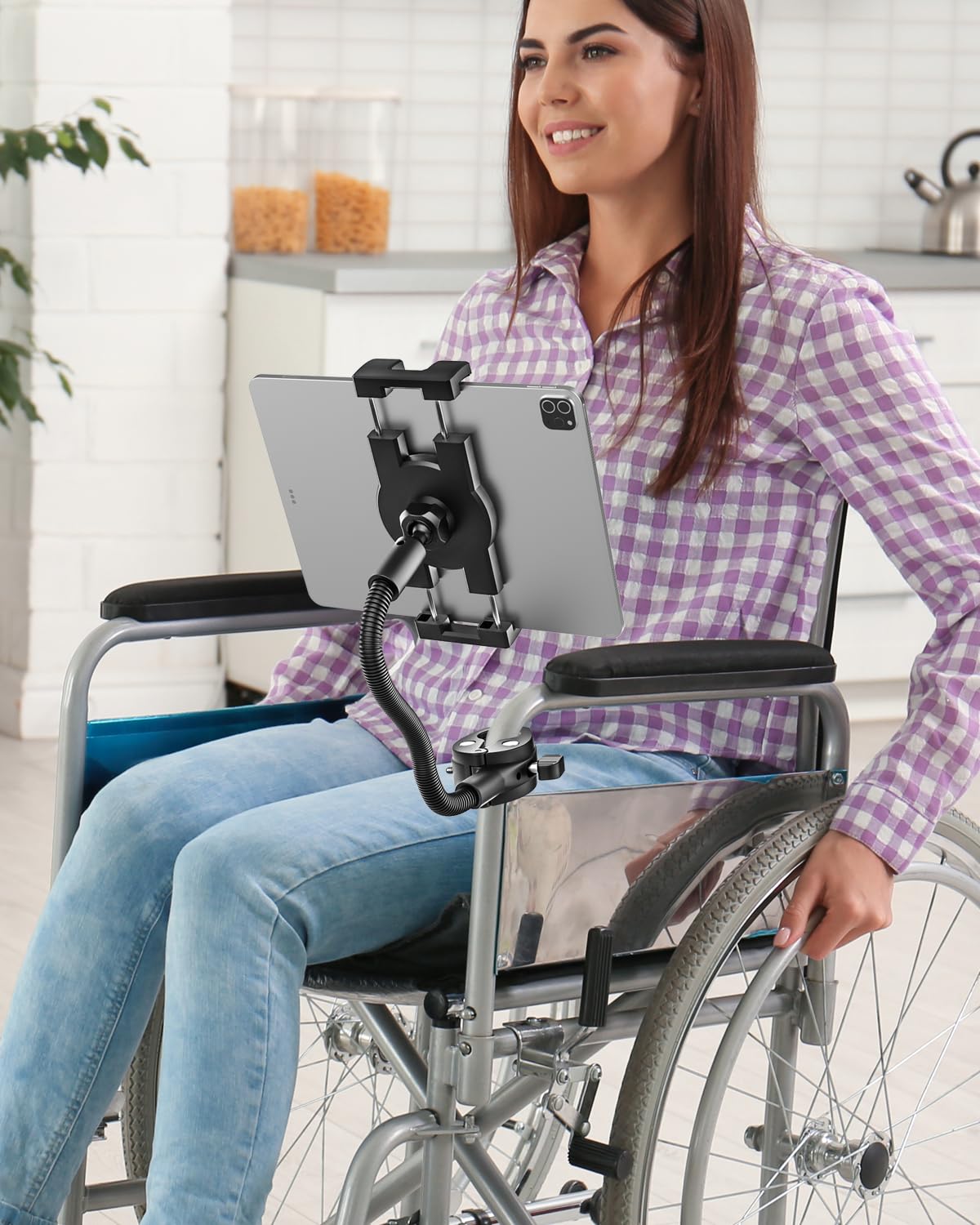 Gooseneck Tablet Holder for Wheelchair/Stroller/Golf Cart/Boat/Mic stand/Indoor Cycling Bike/Gym Bicycle Handlebar Clamp, Compatible with 4.7-13" iPad Pro/Air/Mini, iPhone, Galaxy, Fire HD, E-book
