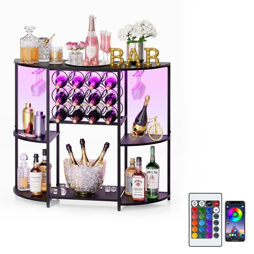 JKsmart Wine Bar Cabinet with LED Lights, Mini Wine Bar Cart with Storage and Glass Holder, Home Bar Coffee Bar for Liquor, 3-Tier Bar Table for Kitchen, Dining Room, Living Room, Black
