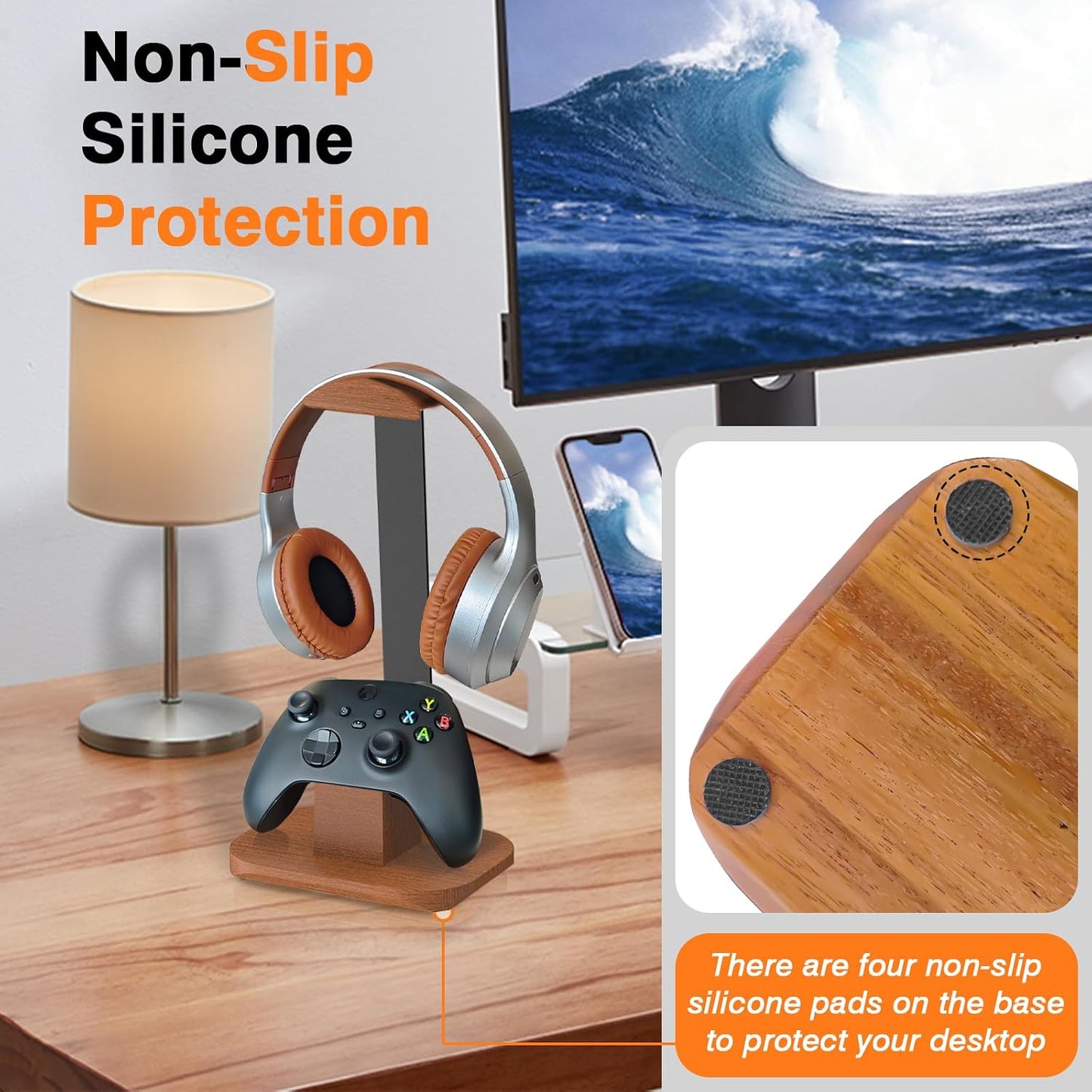 Moginno Headset Walnut Headphone and Controller Stand, Desk Gaming Equipment Wooden Controller Holder, Earphone Hook
