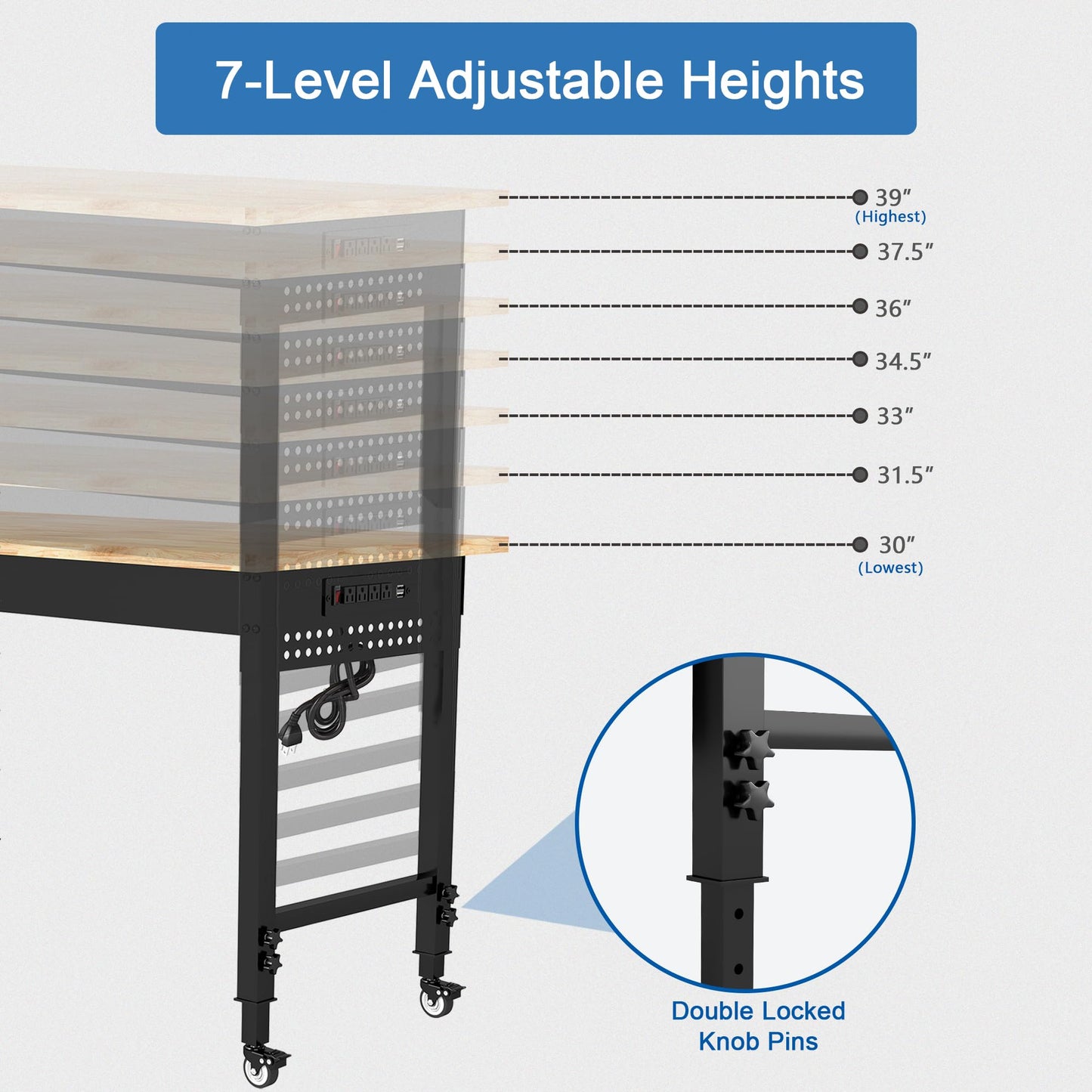 HARDURA 48" Adjustable Wooden Workbench with Wheels, Built-in Power Outlets, 1320 lb Load Capacity for Workshop