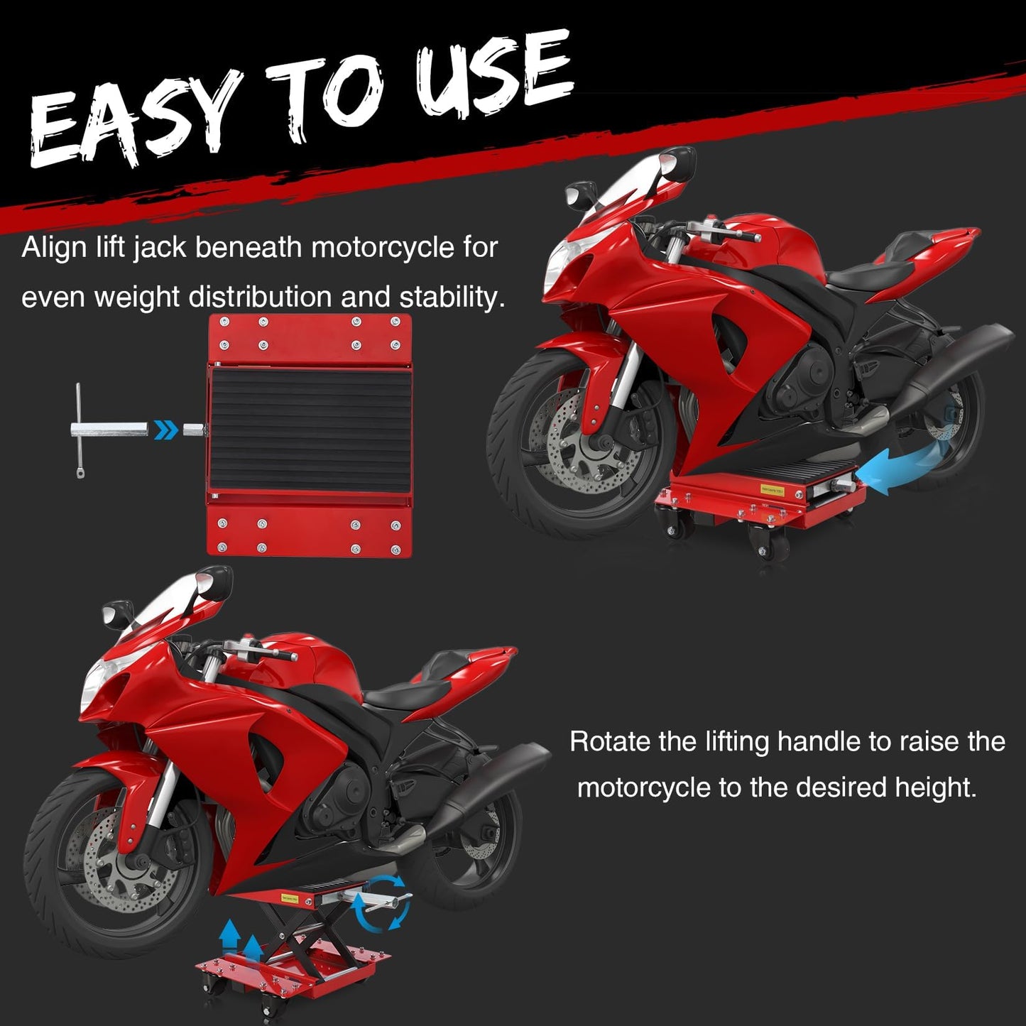 1200 LBS Motorcycle Lift, Dirt Bike Scissor Jack Lift Table with Hand Crank & Caster Wheels, 4.7"-15.4" Height Adjustable Center Hoist Stand for ATVs, Cruiser, Touring Motorcycles