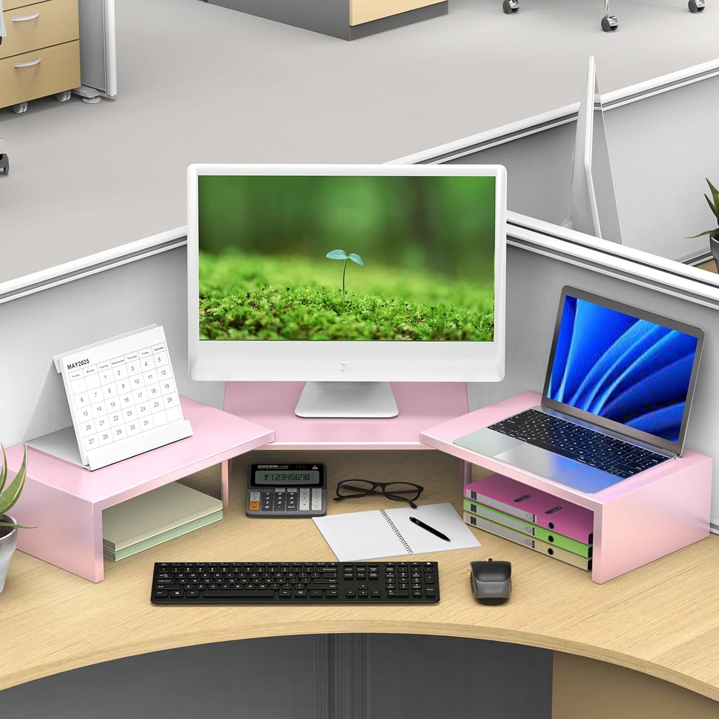 Desk Organizers and Accessories, Dual Monitor Stand Riser, Monitor Desk Shelf for Desktop Organization (Pink)