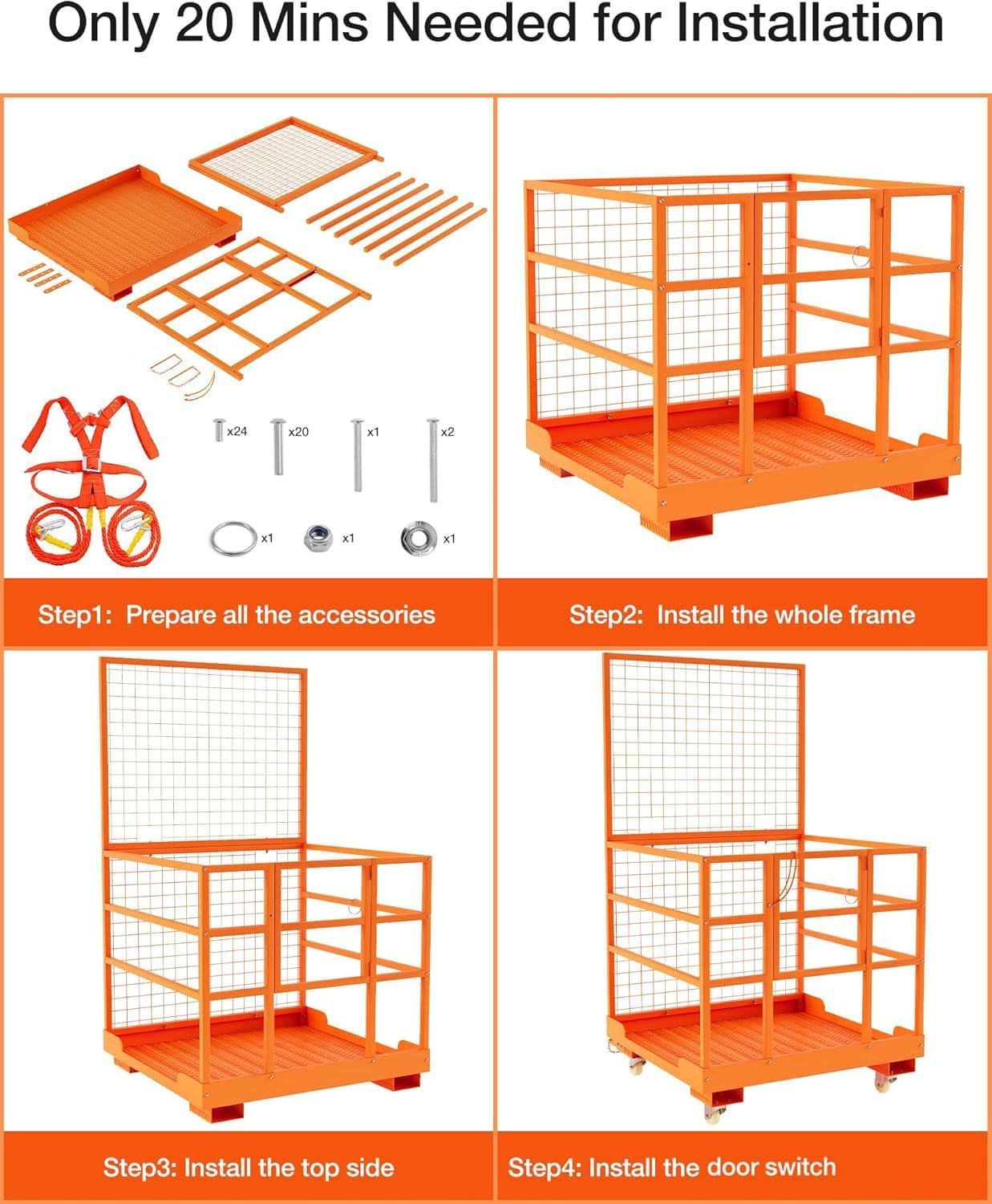 43"x45" Collapsible Forklift Safety Cage, 1800LBS 2-Man Forklift Man Basket Work Platform with Safety Harness & Lock, Forklifts Aerial Lift Basket for Lifting Loader