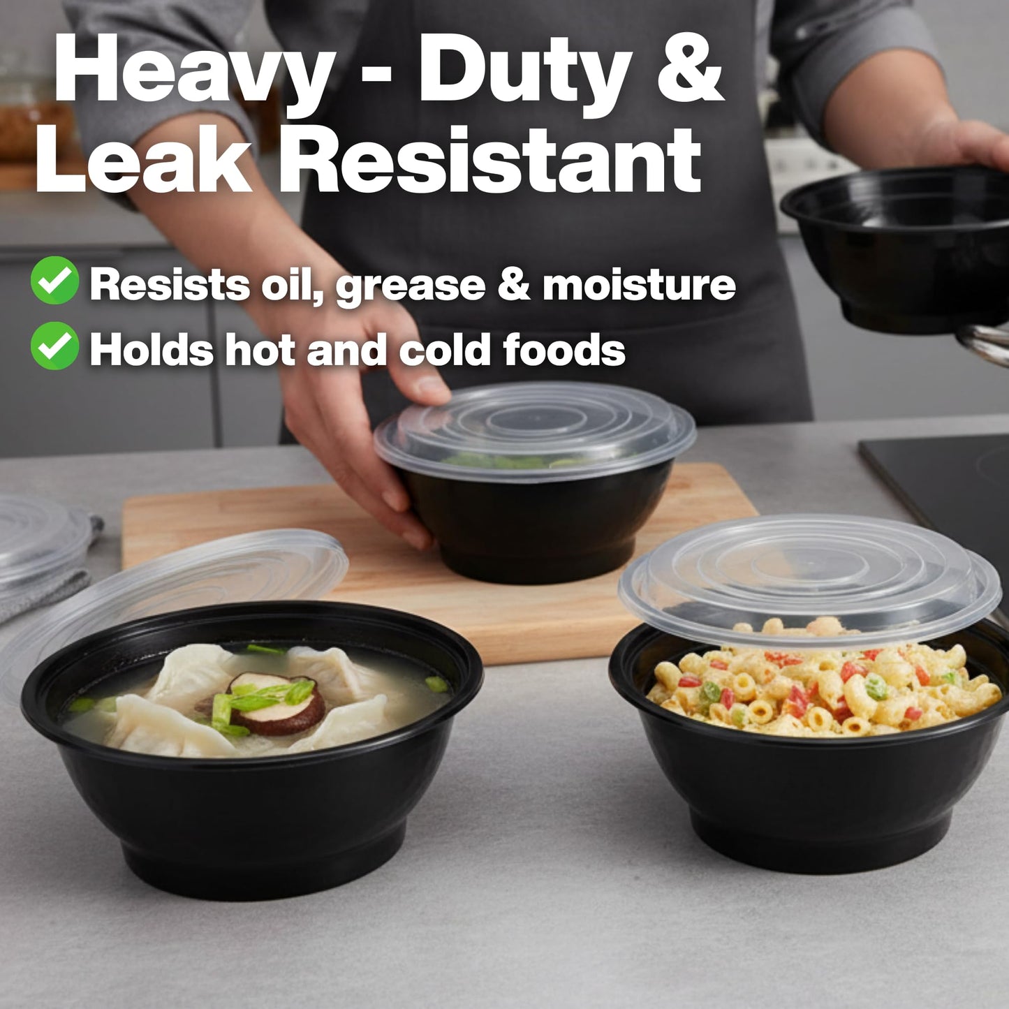 ProTakeOut Disposable Noodle Bowls with Lids – 42 oz Microwaveable Ramen & Soup Containers, Leak-Resistant, BPA-Free, Stackable Food Storage for Restaurants & Takeout – 40 Sets, Black