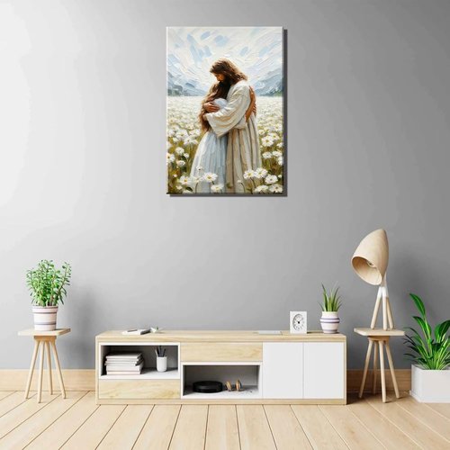 Jesus Hugging Girl Canvas Wall Art - Modern Christian Healing Embrace | 12x16in Wall Decor for Living Room, Bedroom
