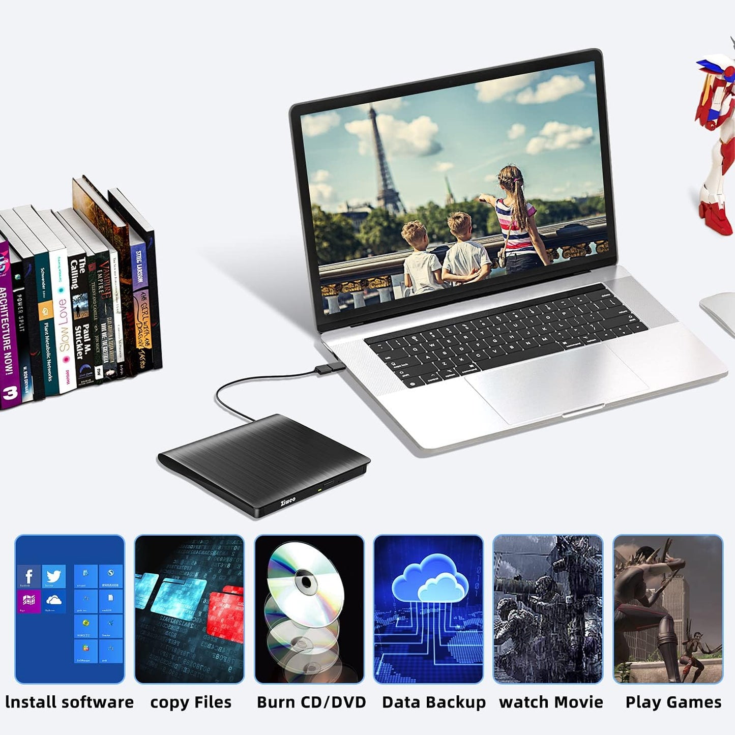 Ziweo 3.0 External USB Type-C CD DVD +/-RW Drive - Portable CD ROM Reader & DVD Burner with Protective Carrying Case