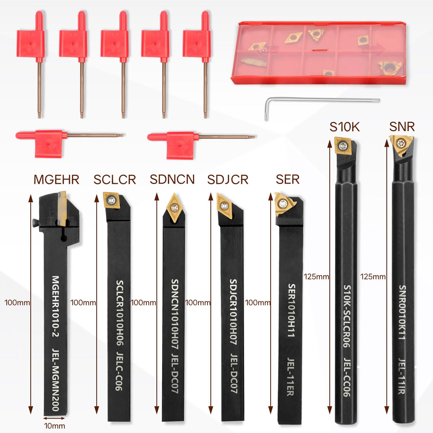 Indexable Lathe Turning Tool 21Pcs Kit 3/8'' 10mm Shank 7Pcs Metal Lathe Tools Holder Set with 14Pcs Turning Inserts for Turning Grooving Threading Boring Carbide Inserts Carbide Turning Tool