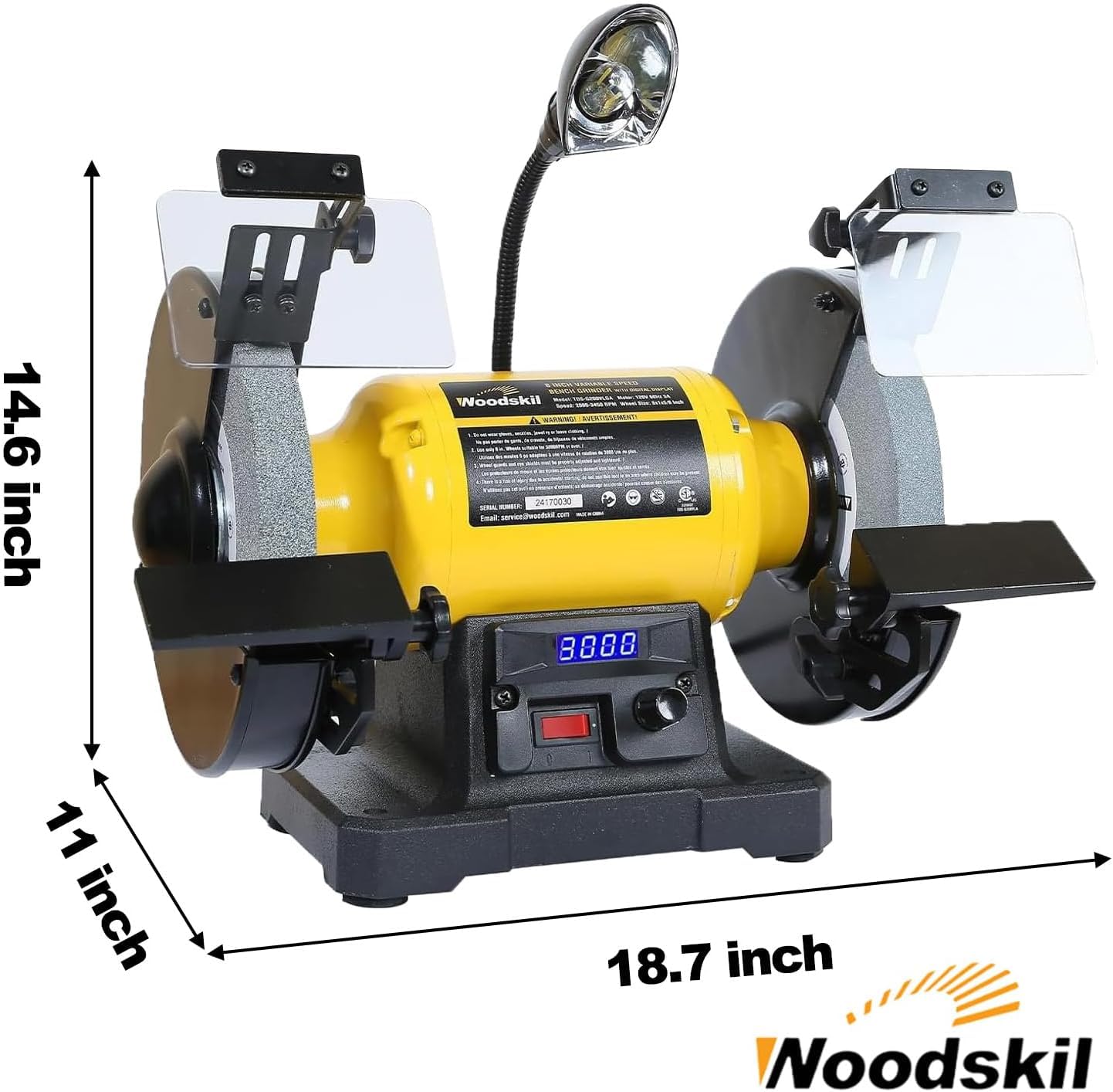 Digital Display 8 Inch Variable Speed Bench Grinder, 3/4HP 5.0 Amp Power Bench Grinder with Work Light, Adjustable Tool Rest and Cast Iron Base for Knife, Chisel